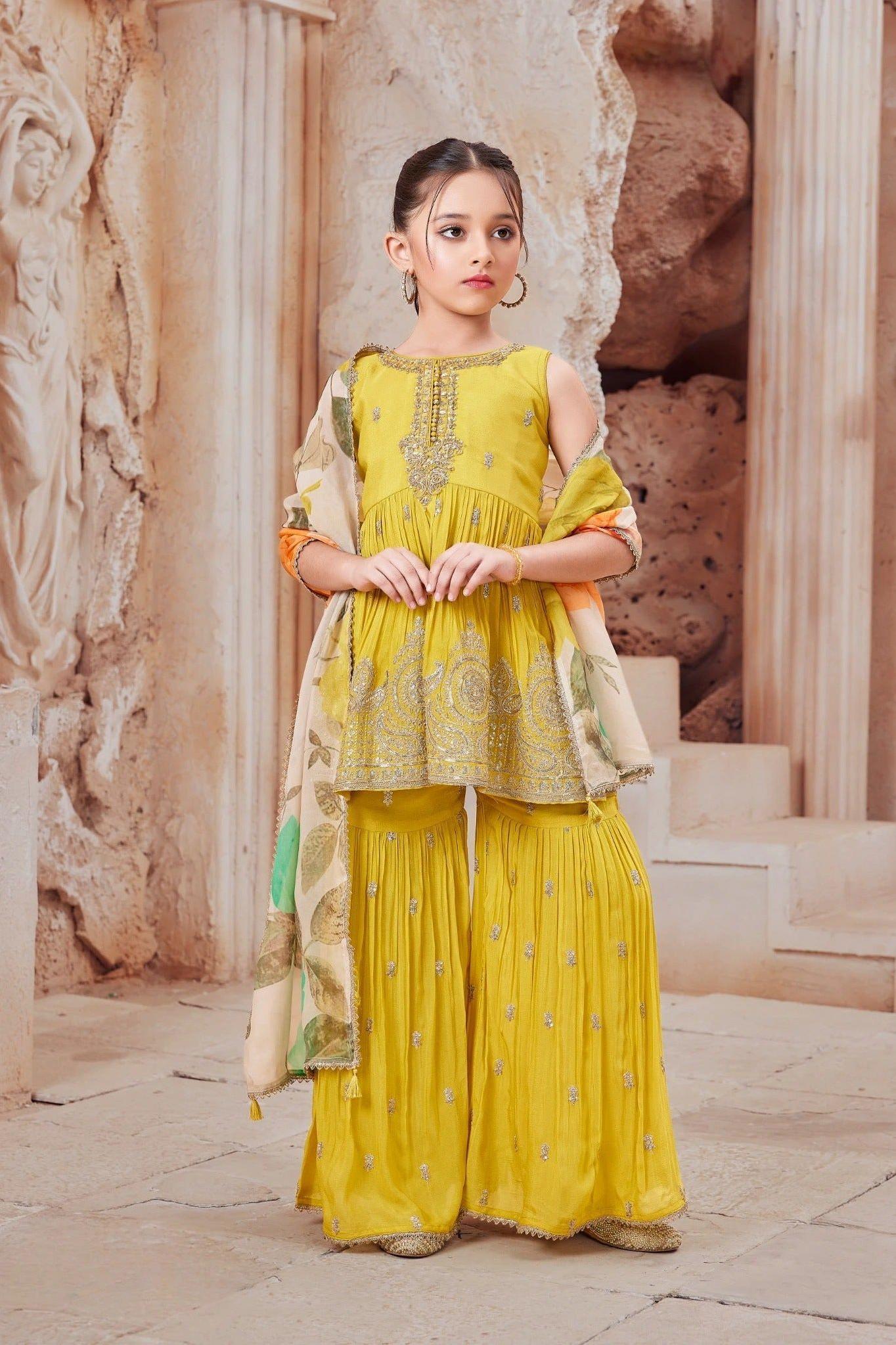 Mustard Yellow Embroidered Sharara Set with Printed Dupatta - Mokshaa