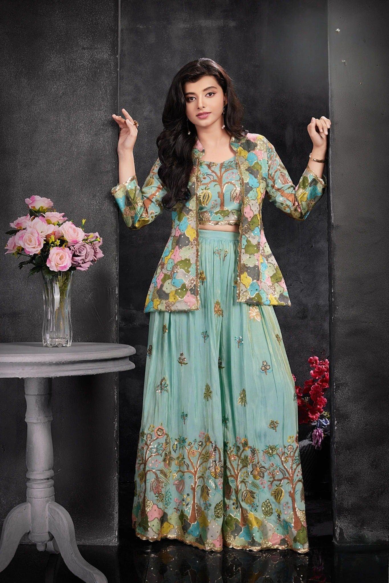 Sky Blue Embroidered Palazzo Set with Jacket - Mokshaa