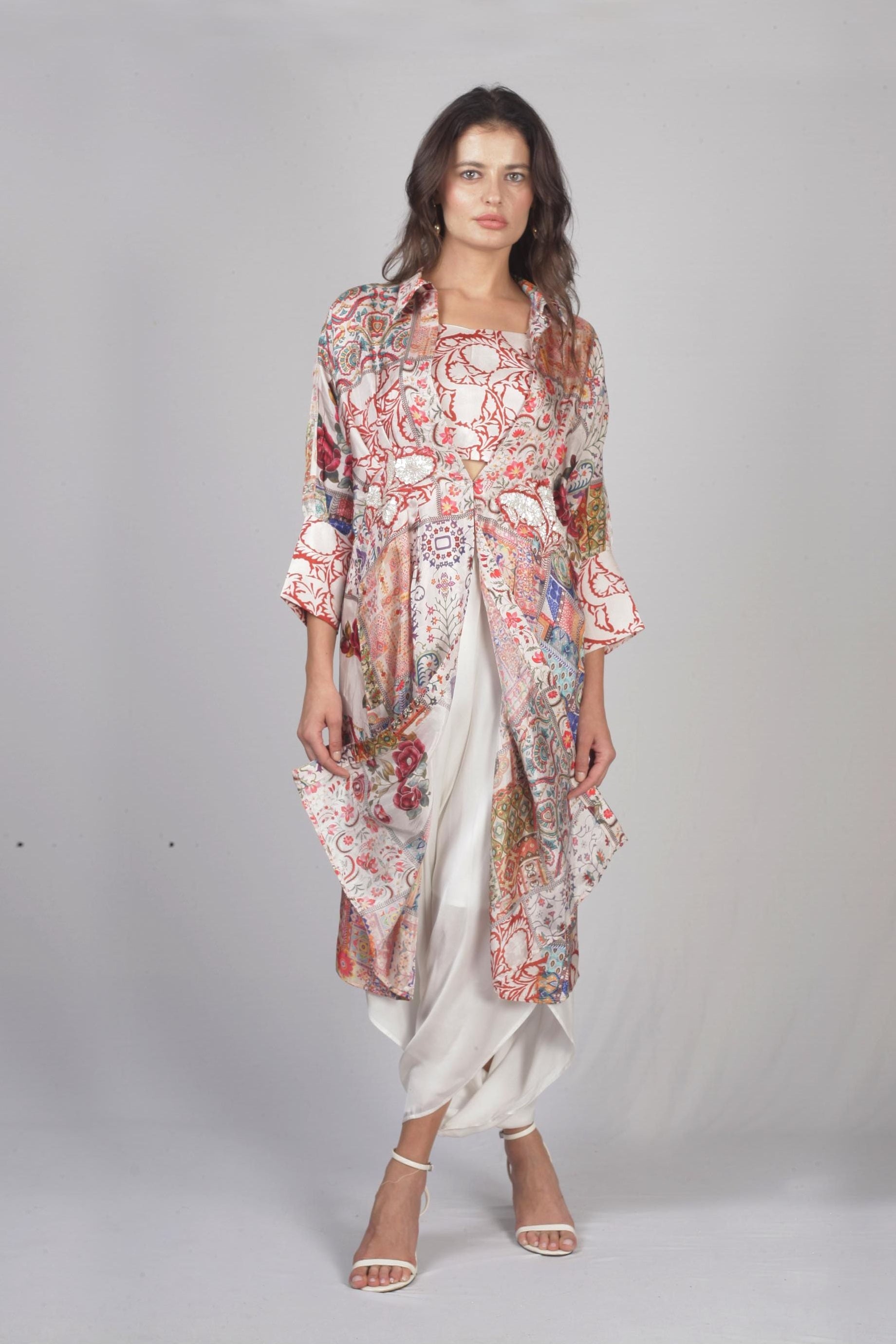 Ivory Multicolour Printed Satin Indo-Western Set