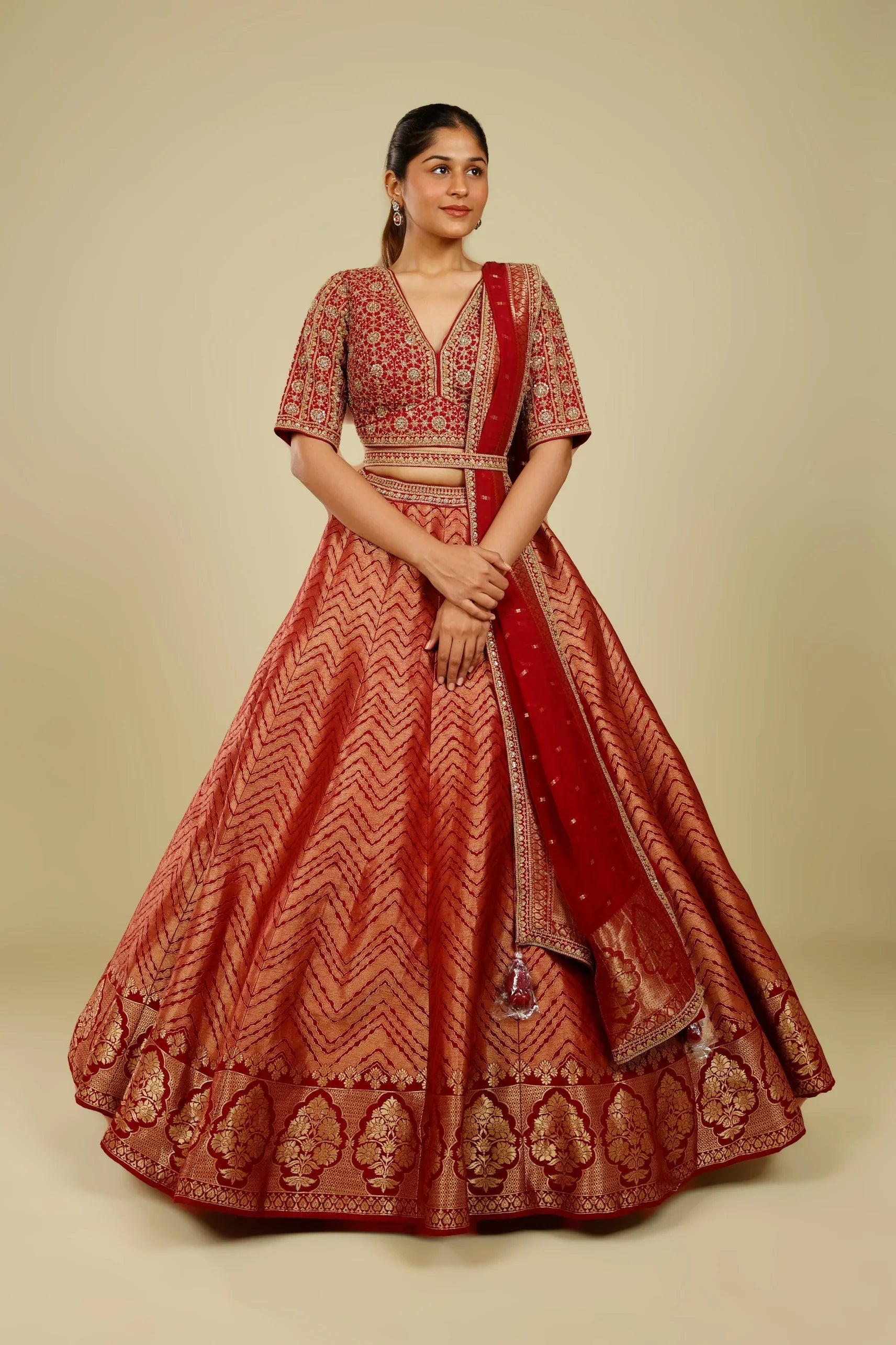 Maroon Banarasi Lehenga Set with Zari, French Knot & Cutdana Embroidery - Mokshaa