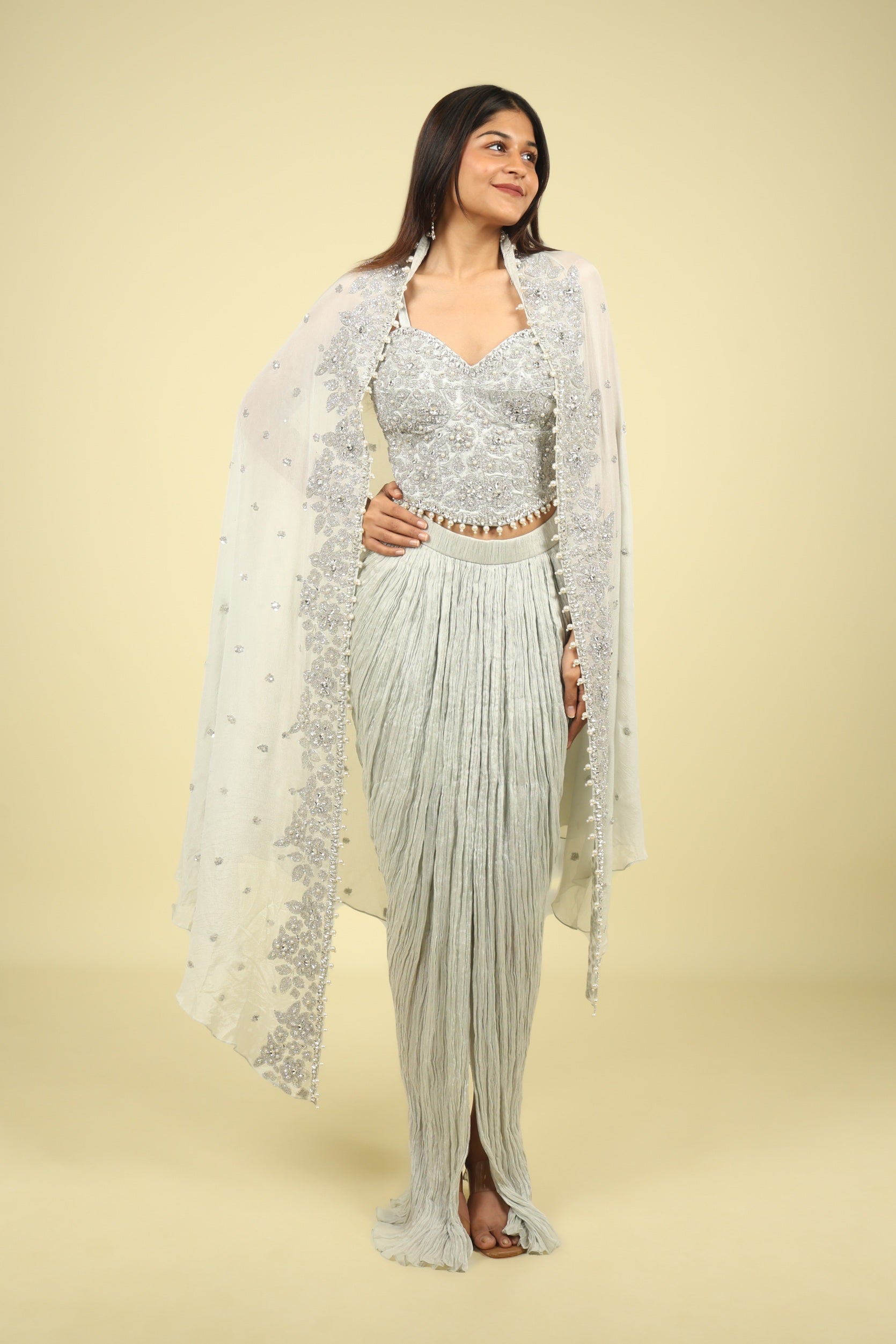 Grey Chinon Corset Skirt Set with Sequin, Cutdana & Stone Embroidery - Mokshaa
