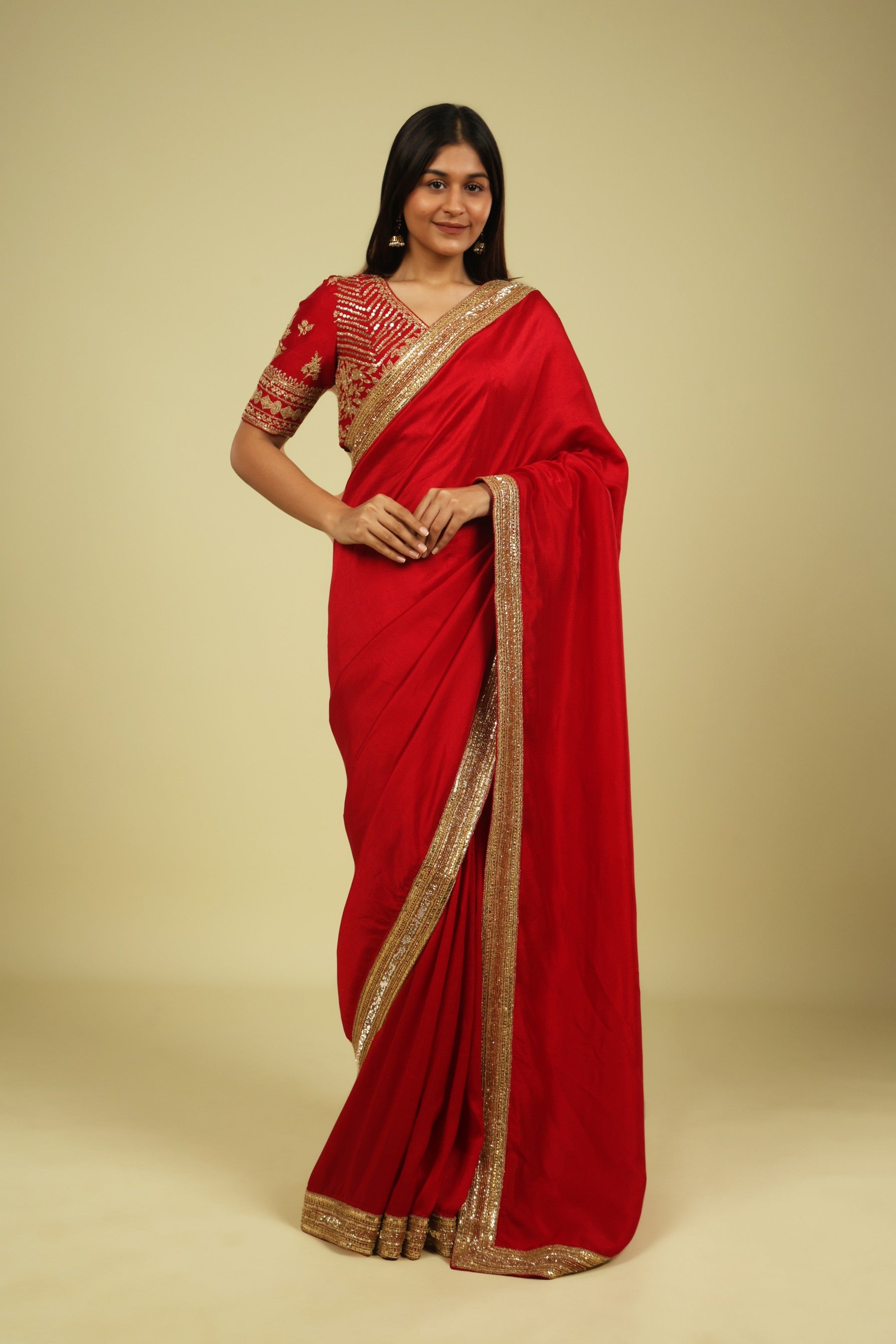 Red Tussar Georgette Saree with Bead & Sequin Border - Mokshaa