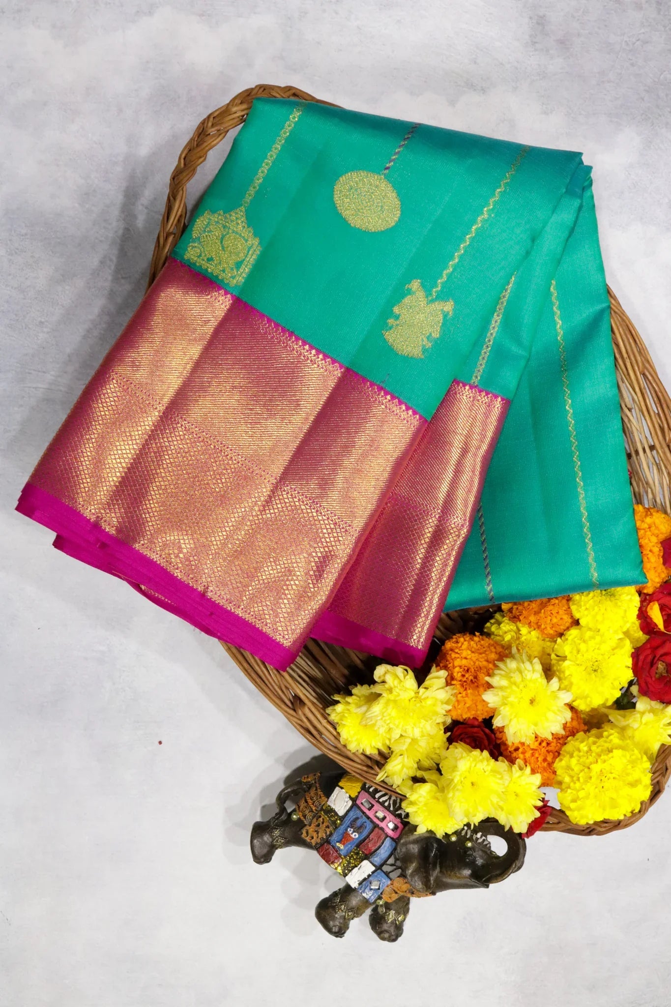 Turquoise Blue Kanchipuram Silk Saree with Zari Stripes, Buttas & Contrast Border - Mokshaa