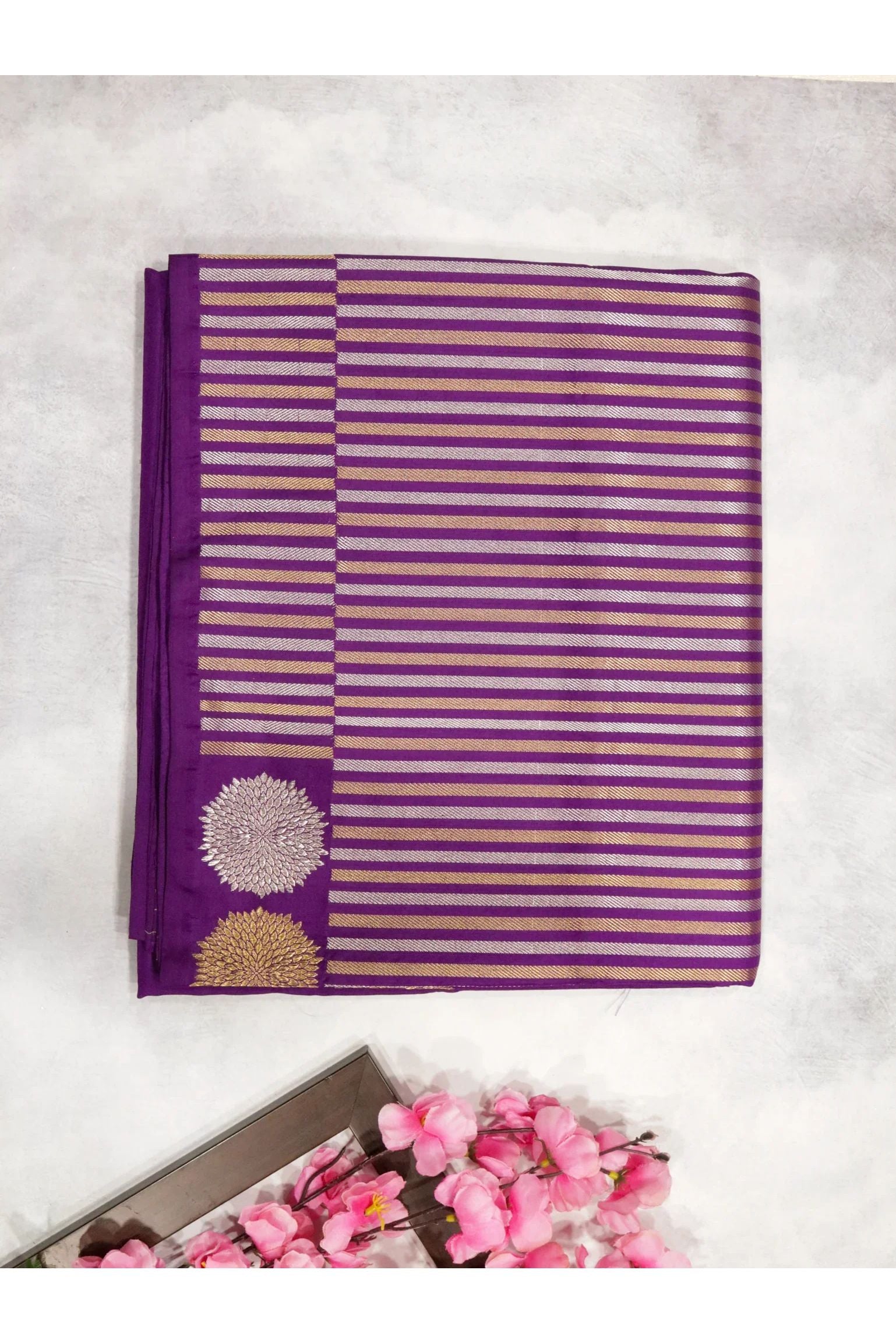 Magenta Banarasi Silk Saree with Long Silver & Gold Zari Border - Mokshaa