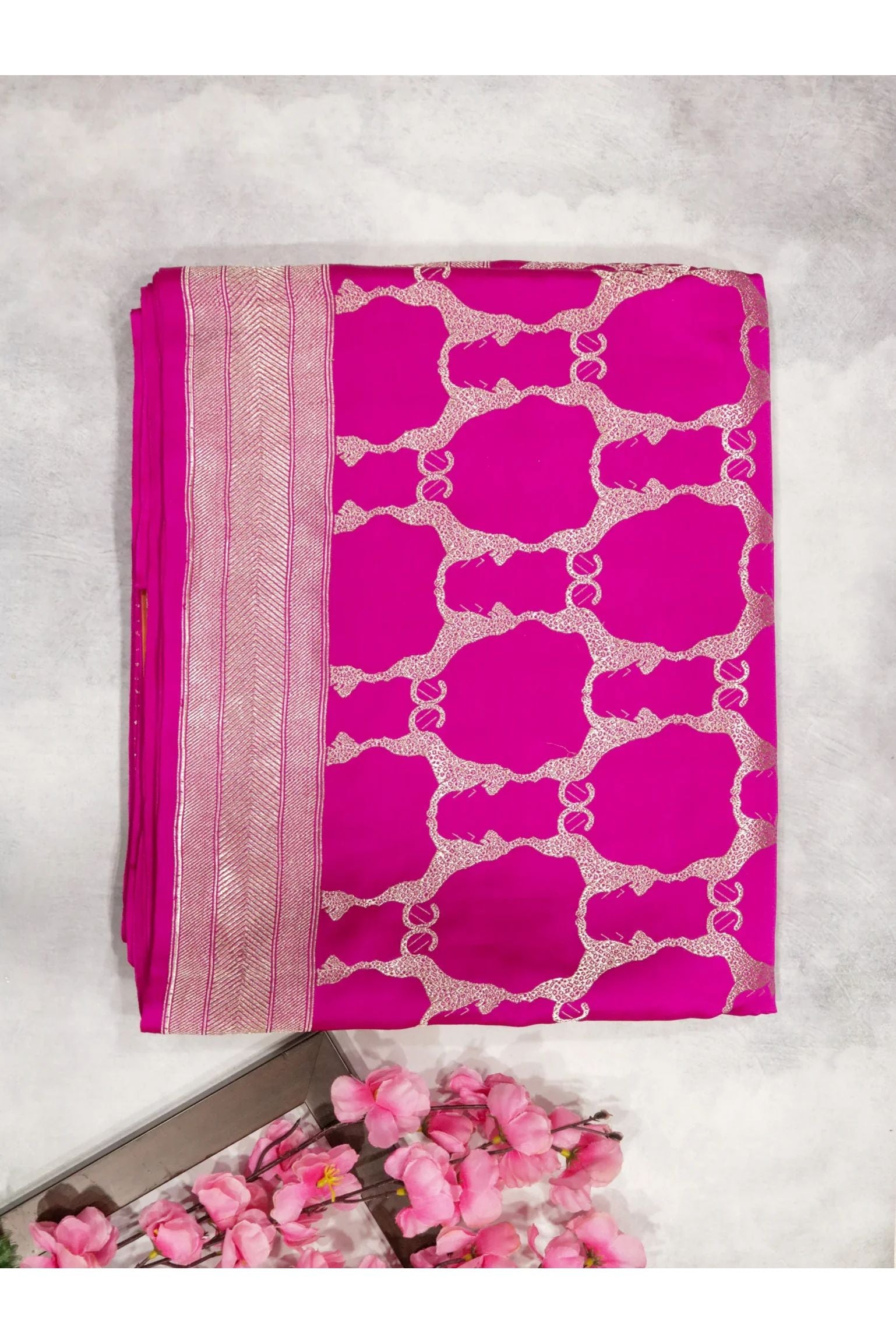 Rani Pink Banarasi Mushroom Silk Saree with Silver Zari Tiger Jaal - Mokshaa
