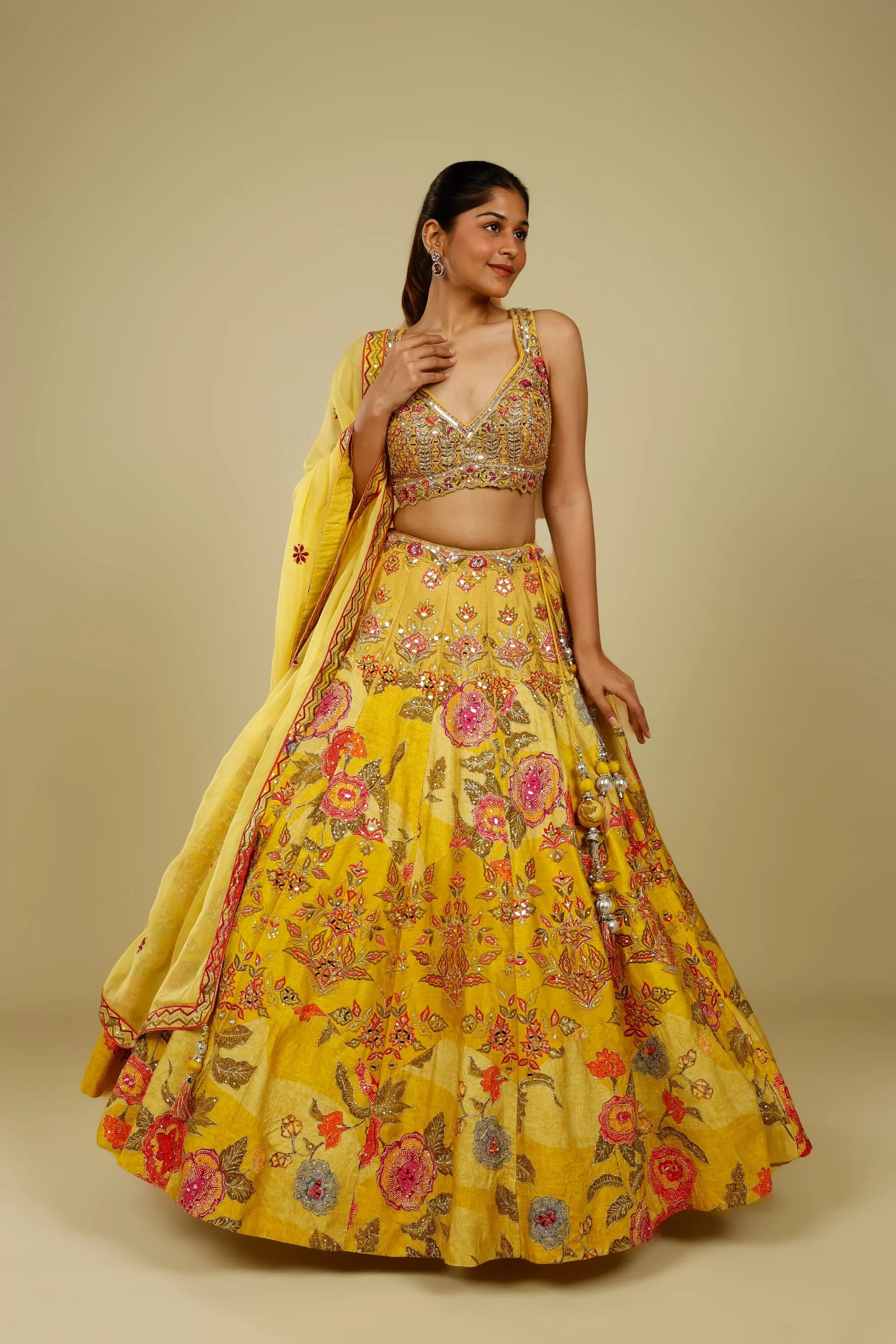 Yellow Silk Printed Lehenga Set with Thread, Mirror & Zari Embroidery - Mokshaa