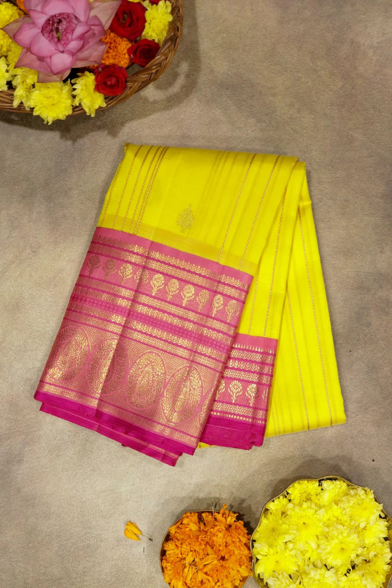 Yellow Kanchipuram Silk Saree with Zari Stripes, Motifs & Contrast Zari Border - Mokshaa