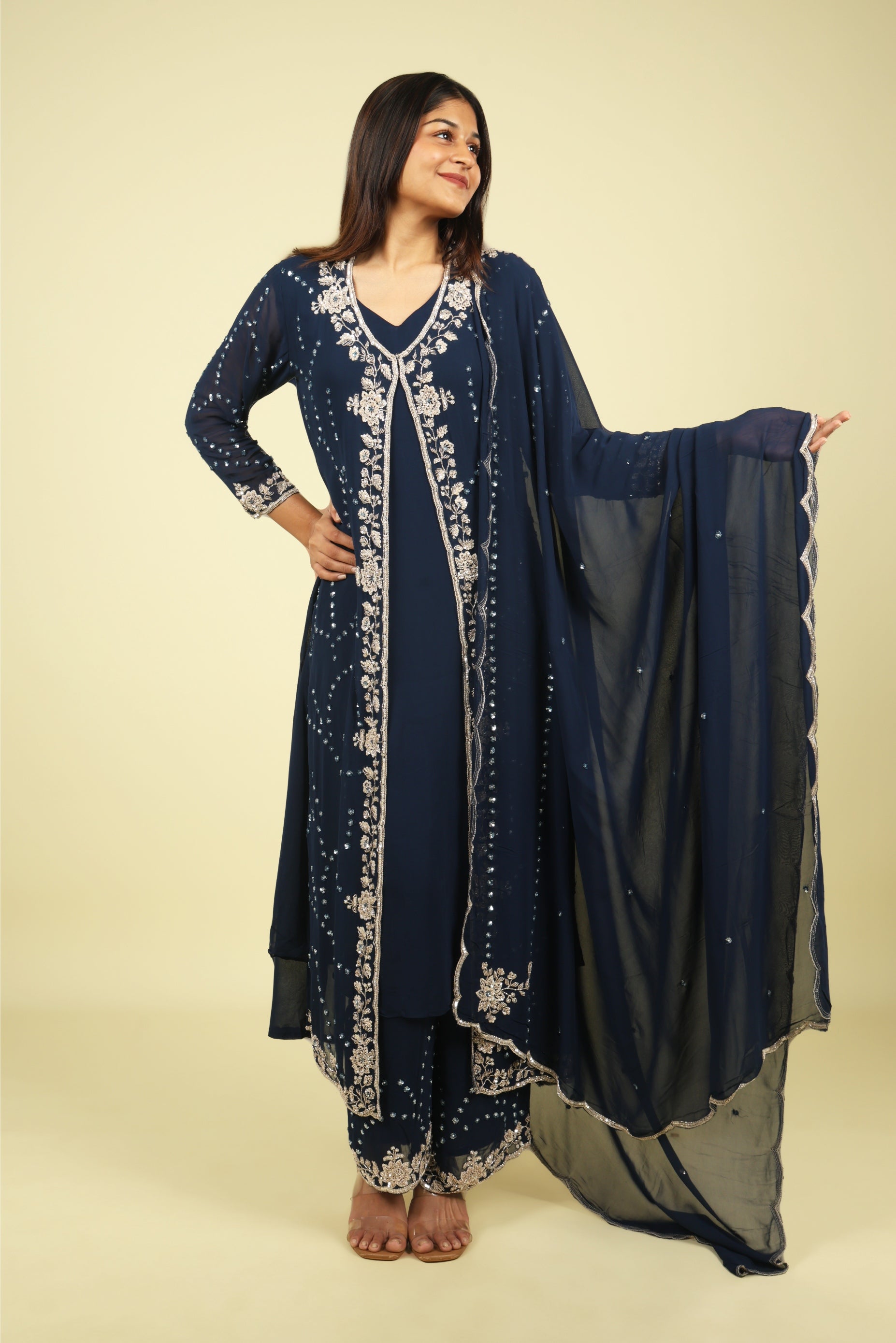 Navy Blue Georgette Anarkali Set with Cape & Dupatta - Mokshaa