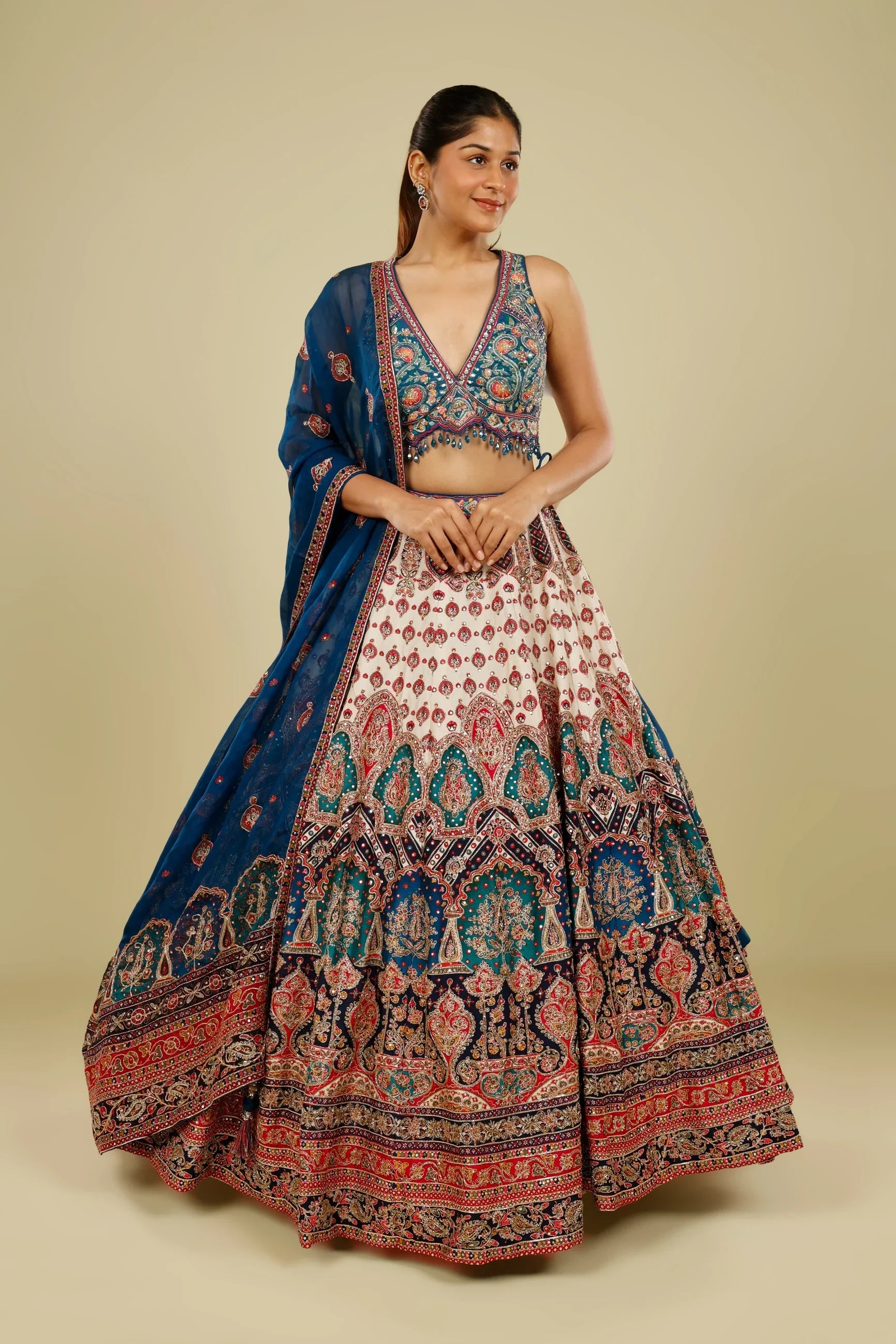 Blue Multicolour Printed Silk Lehenga Set with Zari, Sequin & Cutdana Highlights - Mokshaa