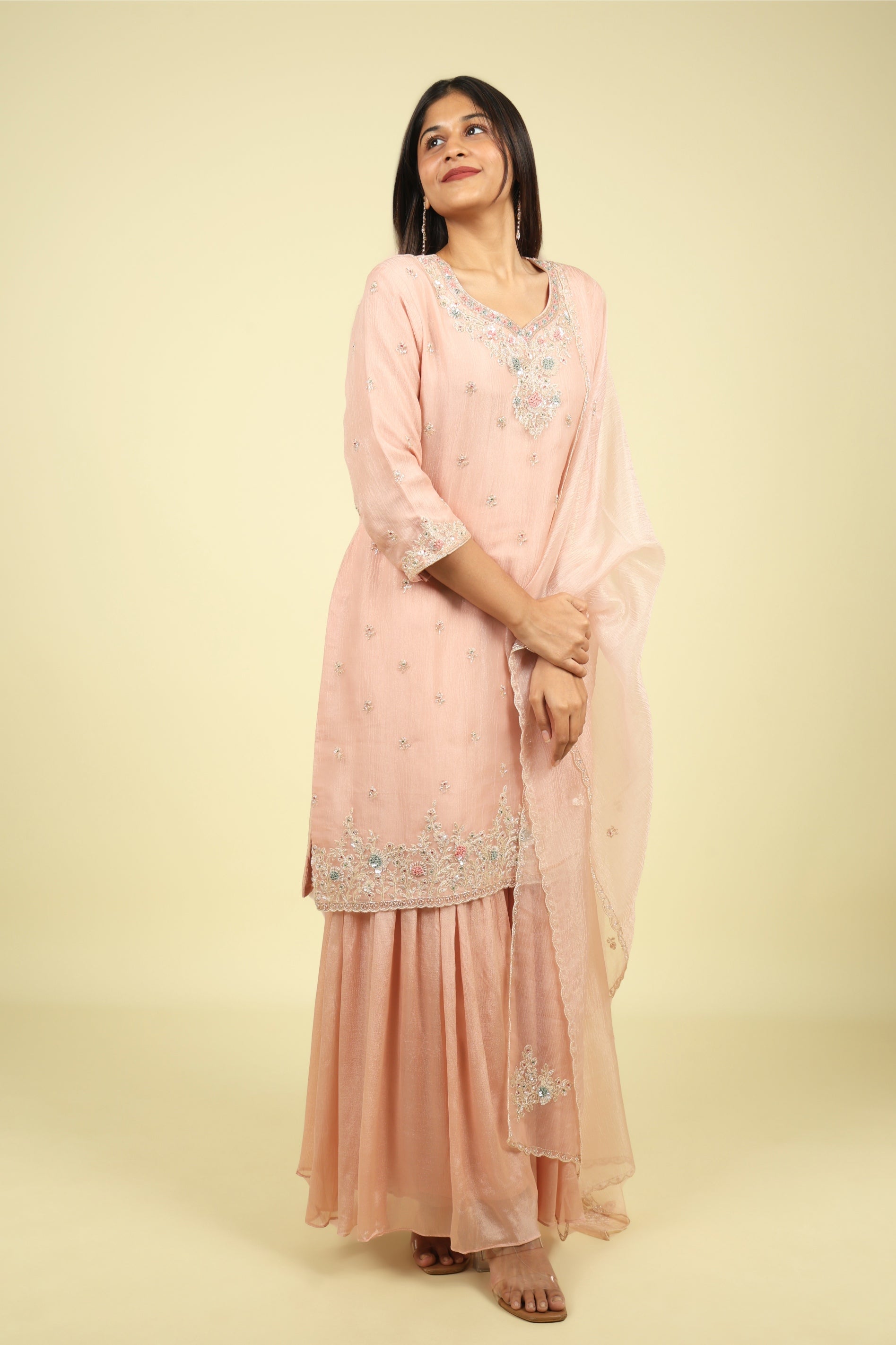 Pink Embroidered Crush Tissue Sharara Set - Mokshaa