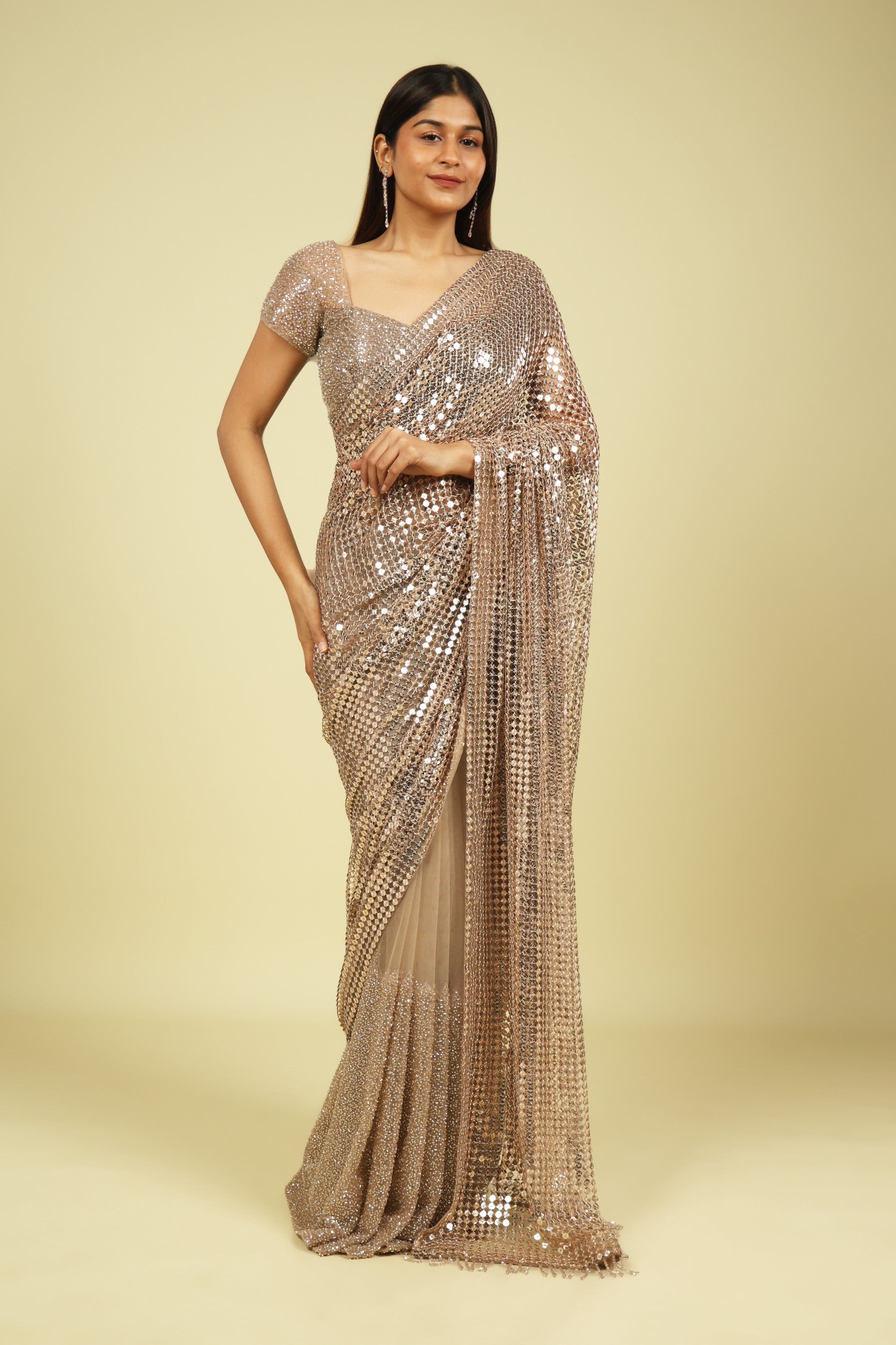 Gold Metallic Mesh Saree with Sequins & Beadwork - Mokshaa