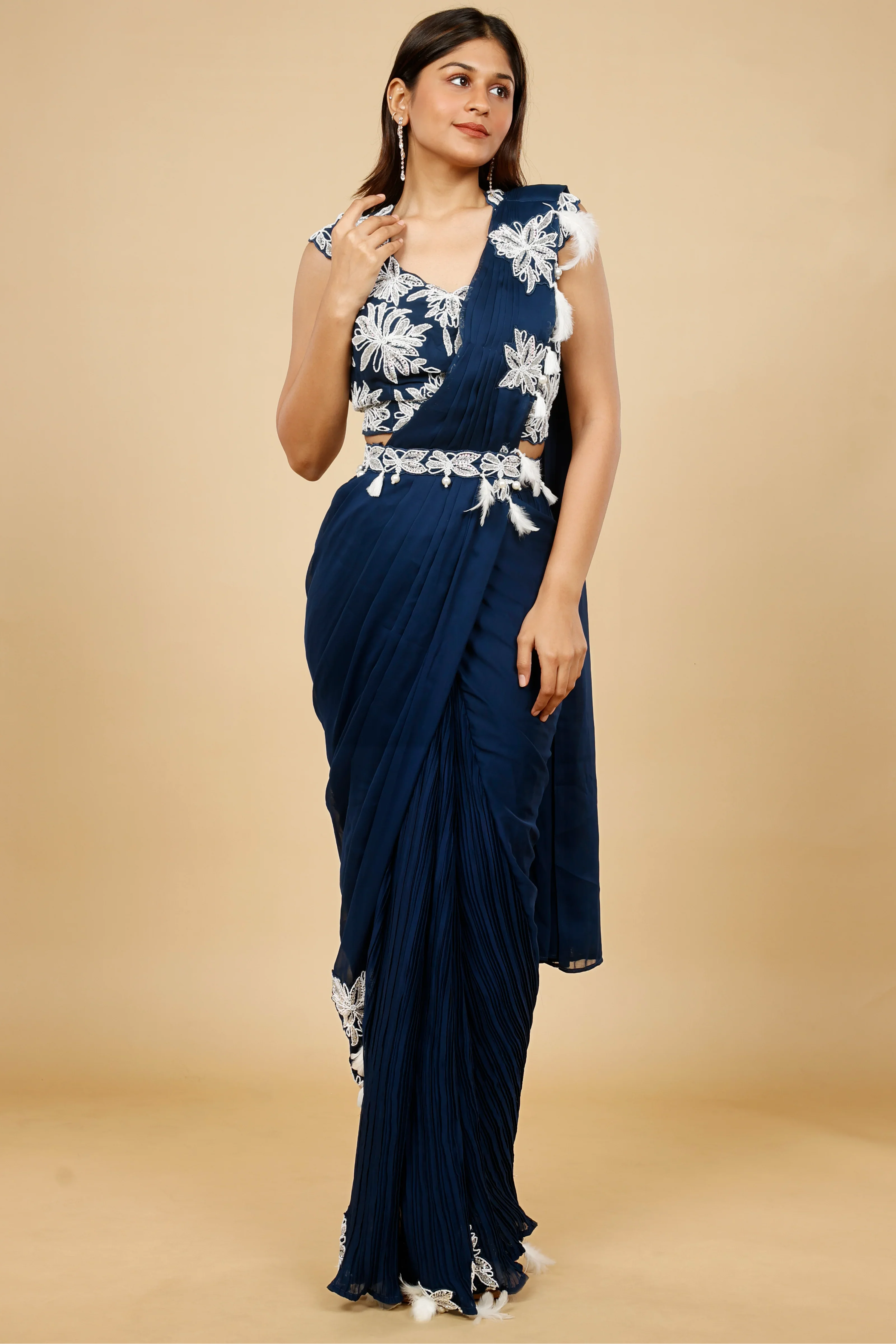Navy Blue Organza Drape Saree with Kutdana & Pearl Embroidery - Mokshaa