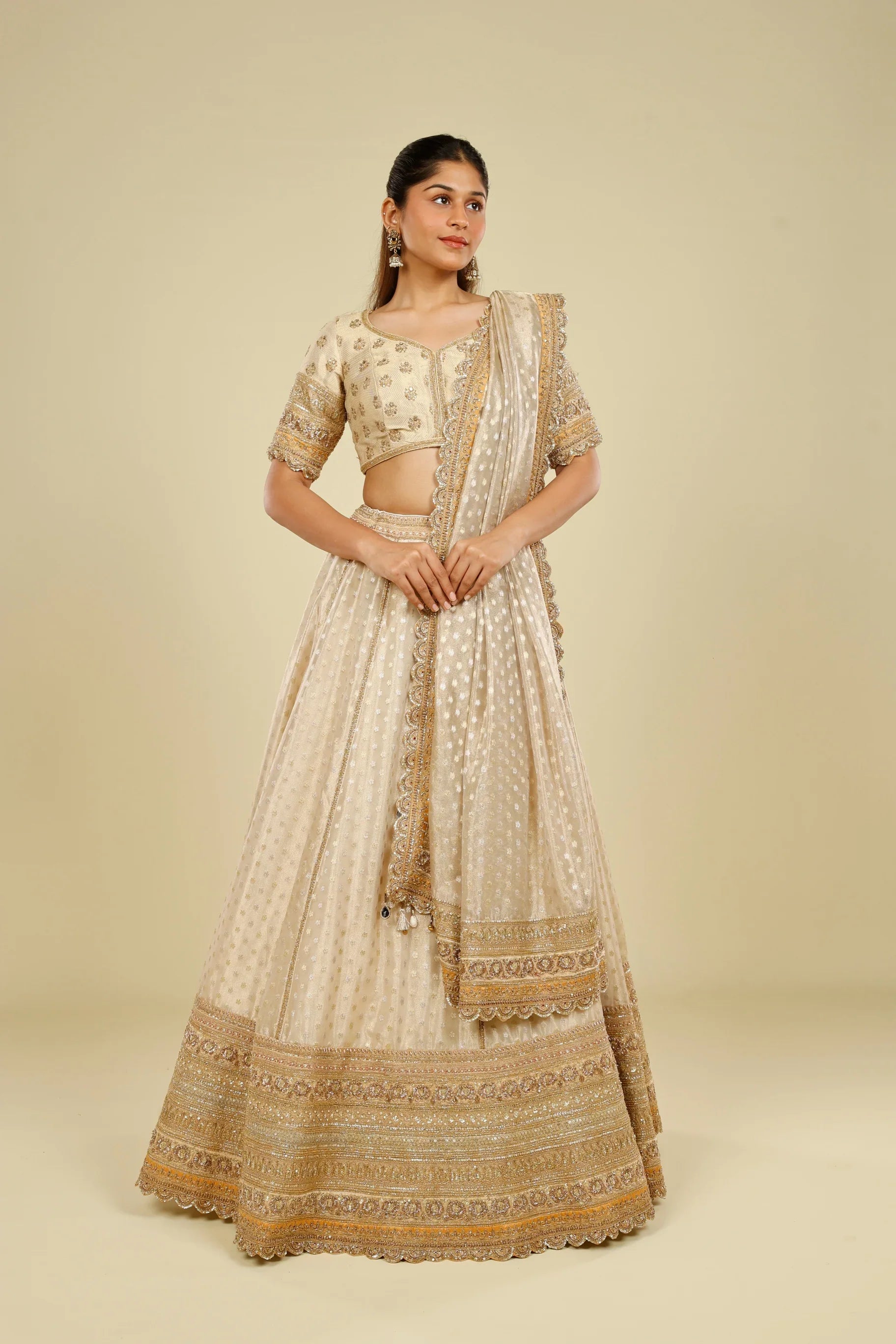 Ivory Banarasi Tissue Organza Lehenga Set with Zardozi, Zari & Sequin Embroidery - Mokshaa