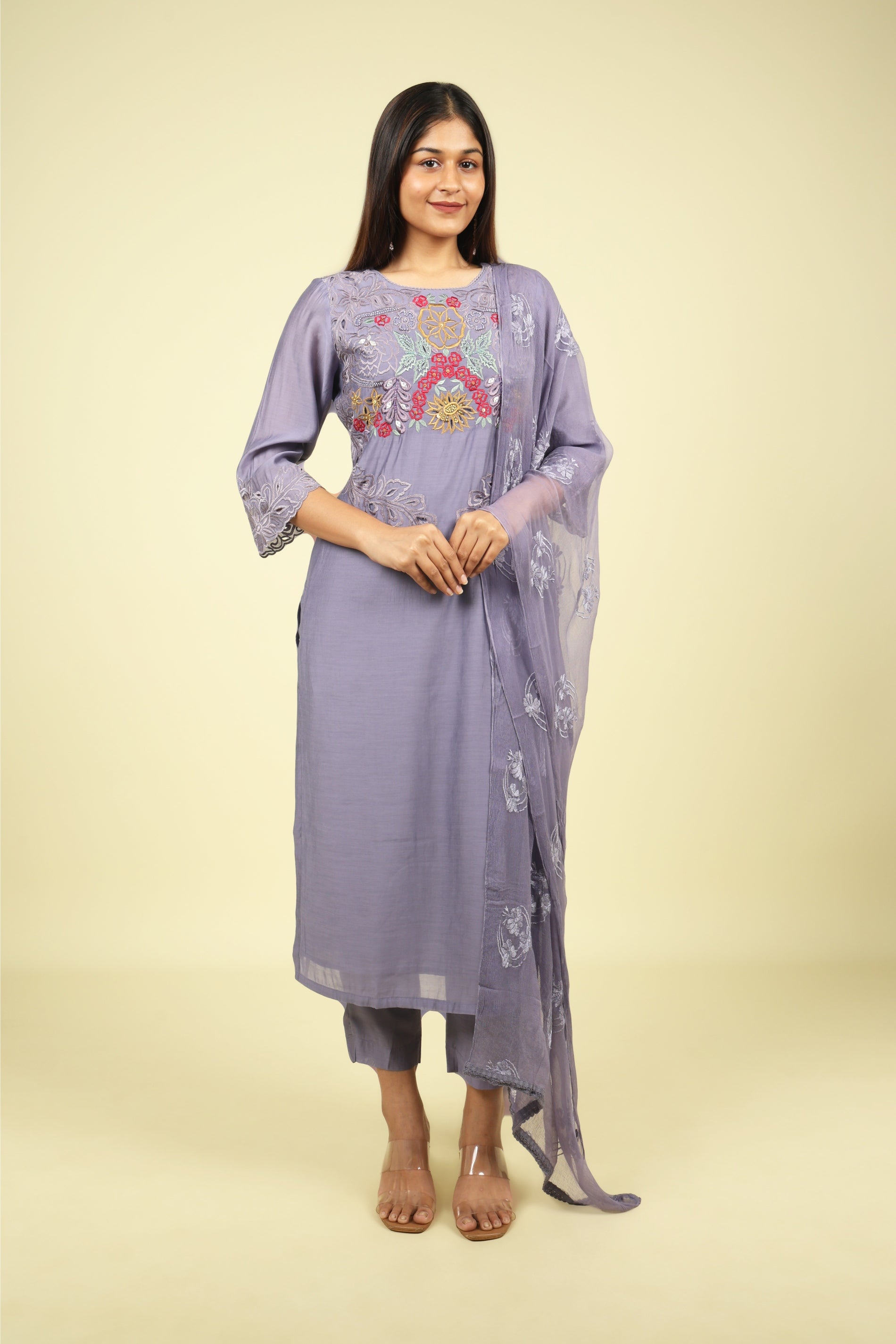 Violet Embroidered Mul Chanderi Salwar Suit - Mokshaa