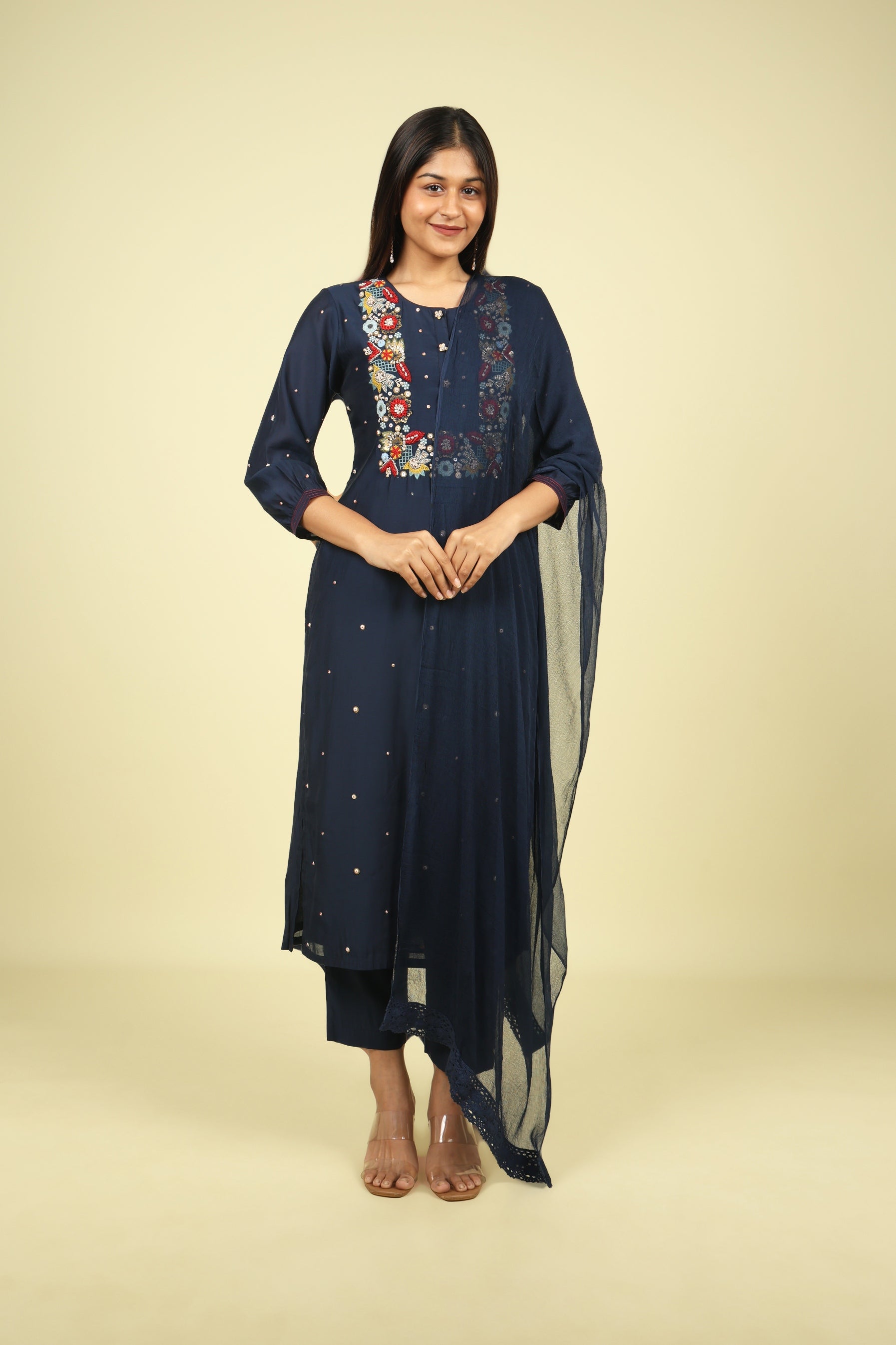 Navy Embroidered Mul Chanderi Salwar Suit - Mokshaa