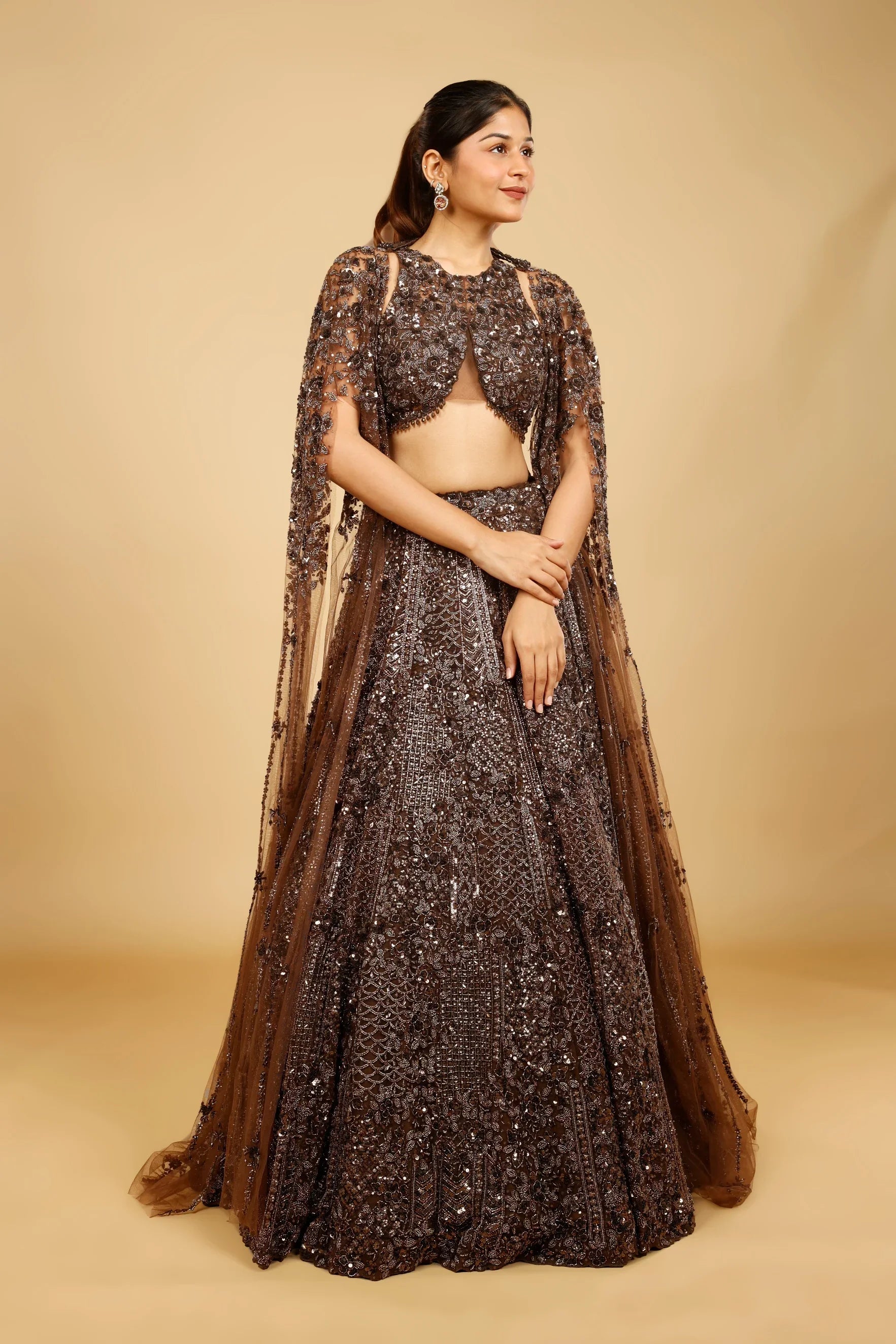 Brown Net Lehenga Set with Sequin, Kutdana & Pearl Embroidery - Mokshaa