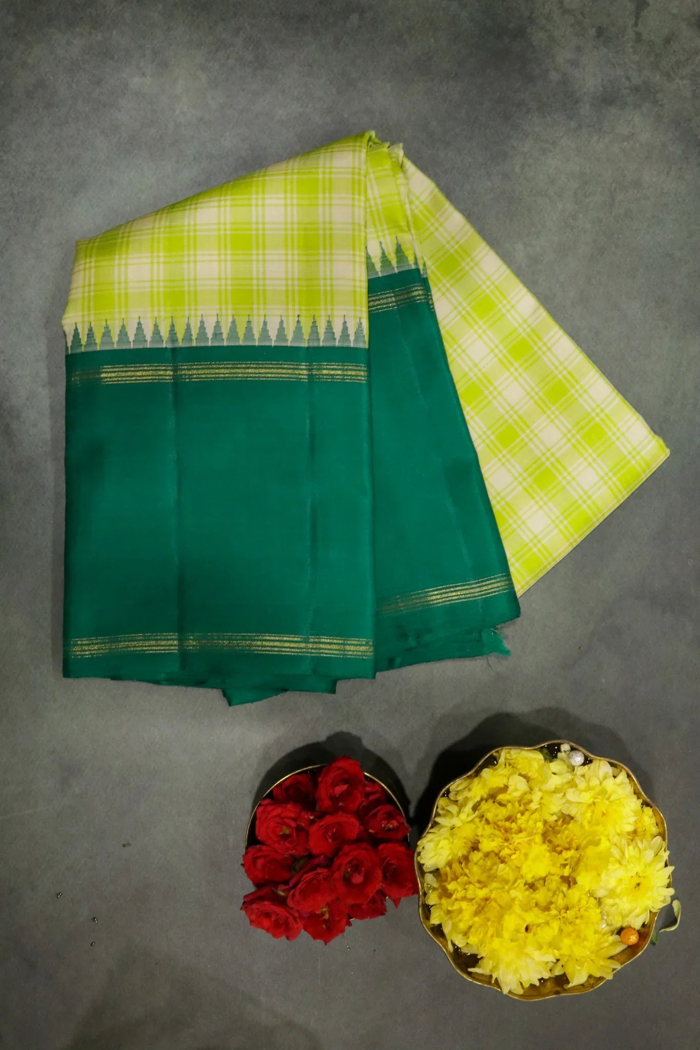 Green Kanchipuram Silk Saree with All-Over Checks & Contrast Silk Border - Mokshaa