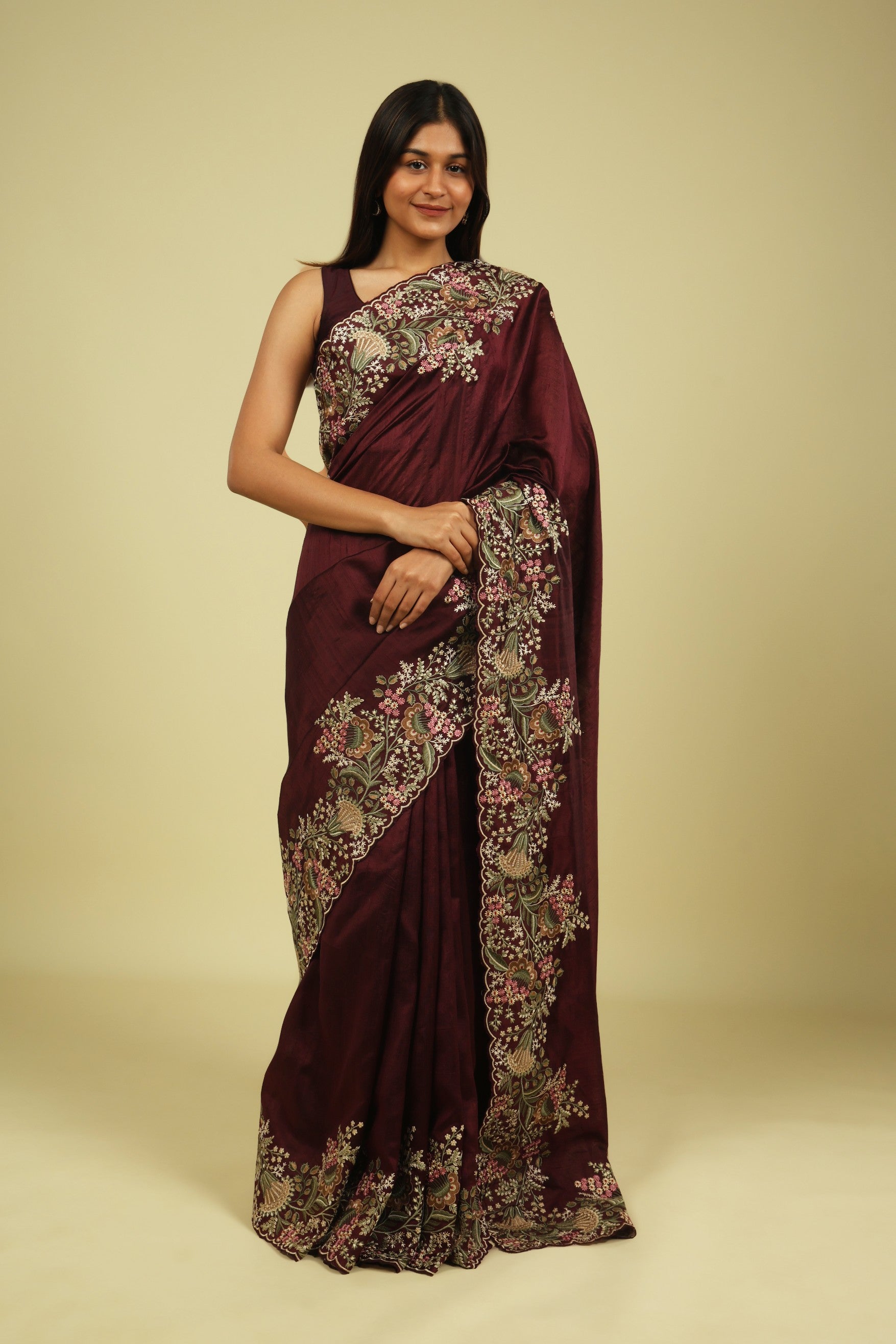 Dark Wine Handloom Tussar Saree with Multi-Thread Embroidered Border - Mokshaa