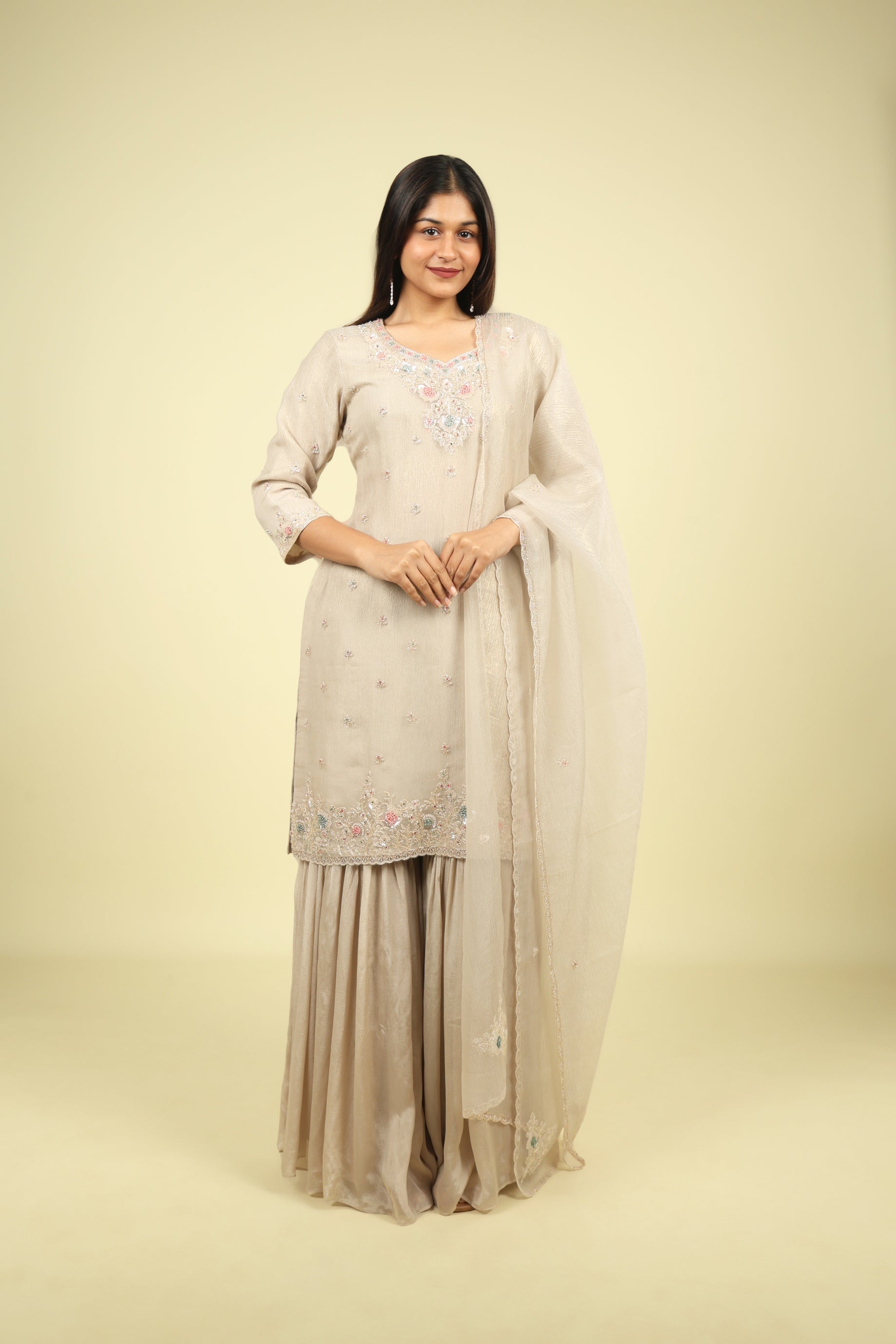 Beige Embroidered Crush Tissue Sharara Set - Mokshaa