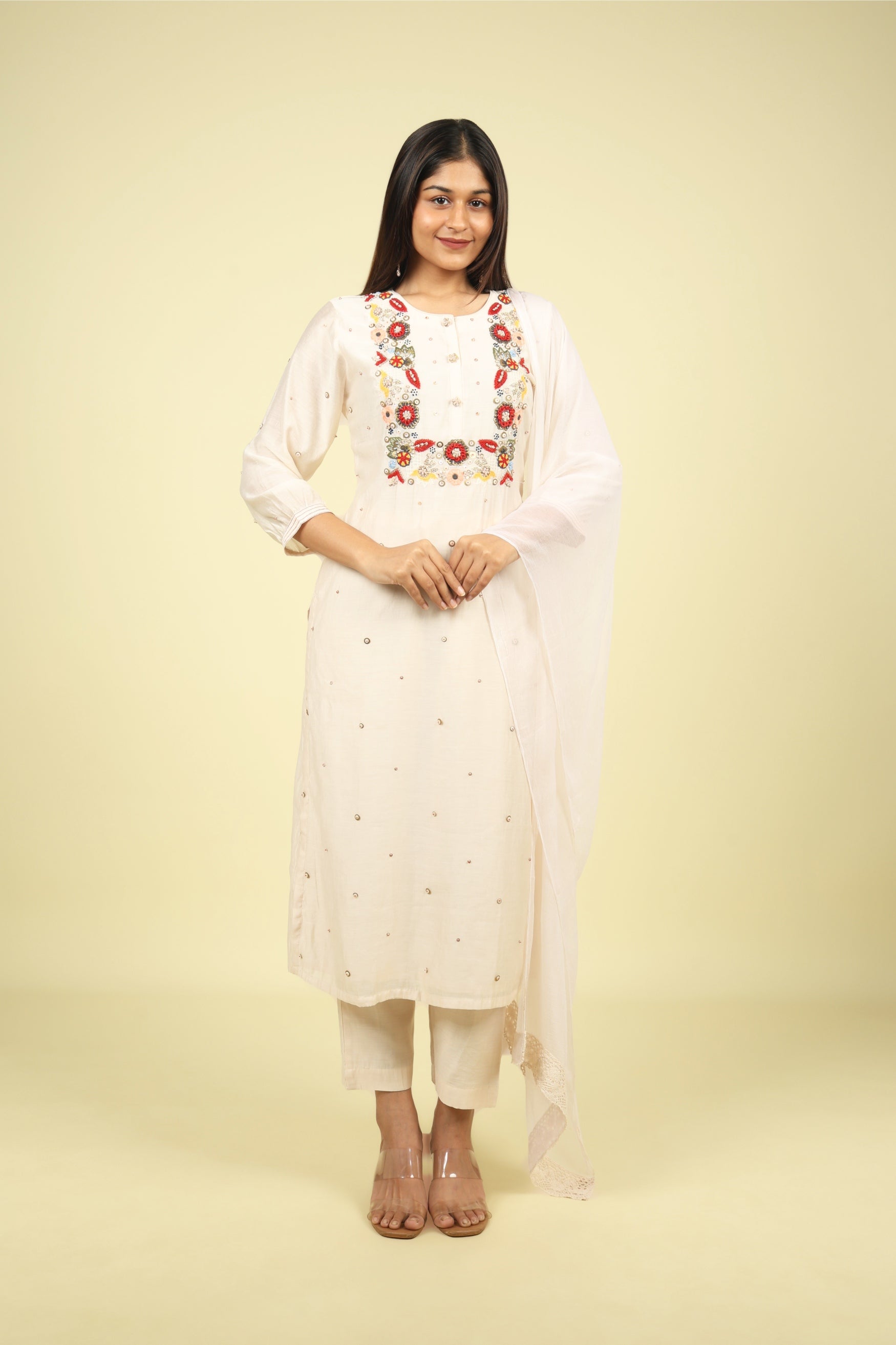 Cream Mul Chanderi Straight Cut Salwar Suit with Chiffon Dupatta - Mokshaa