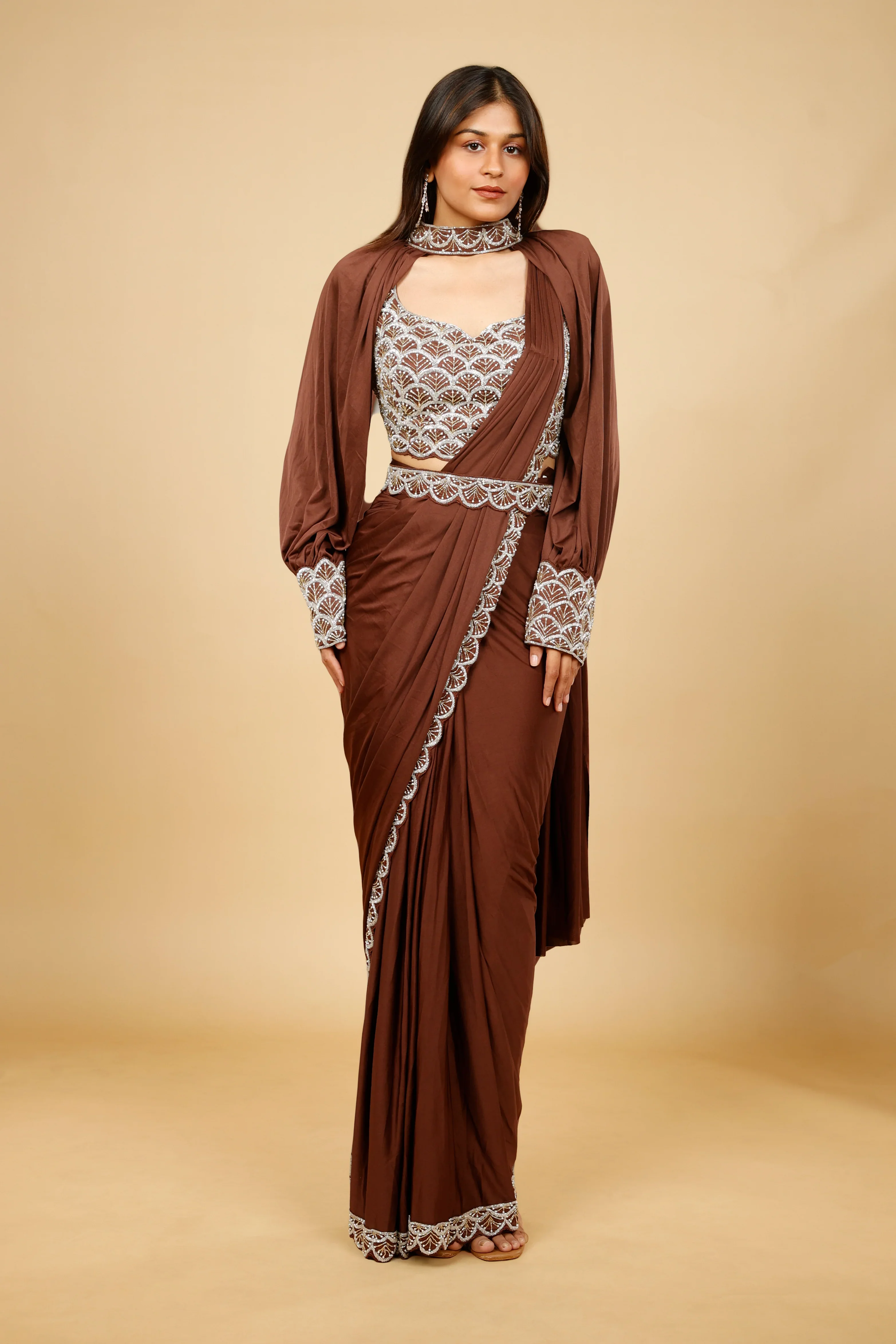 Brown Satin Lycra Drape Saree with Pearl & Cutdana Embroidery - Mokshaa