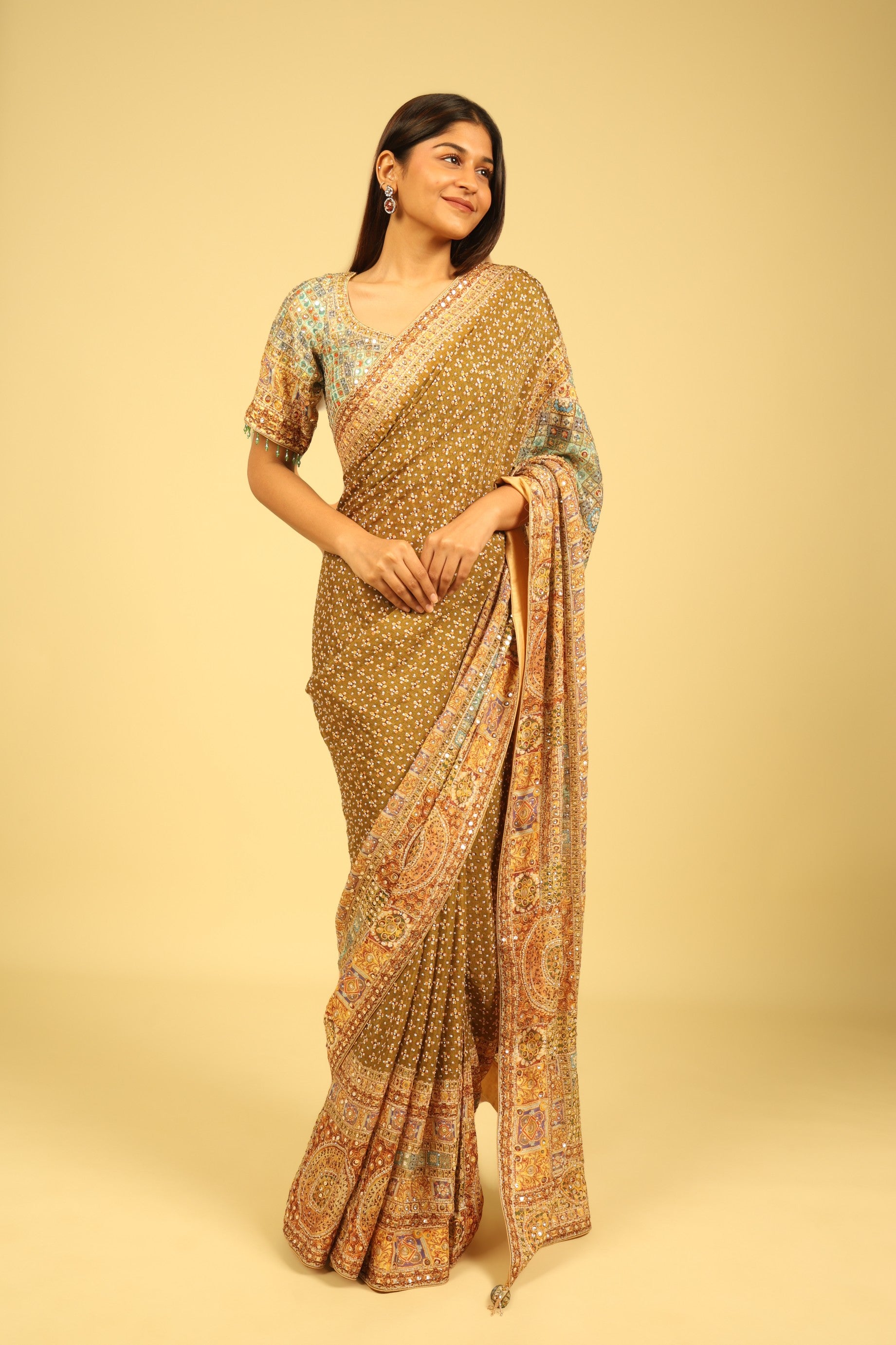 Dusty Green Soft Georgette Saree with Multicolour Digital Print, Sequin & Mirror Highlights - Mokshaa