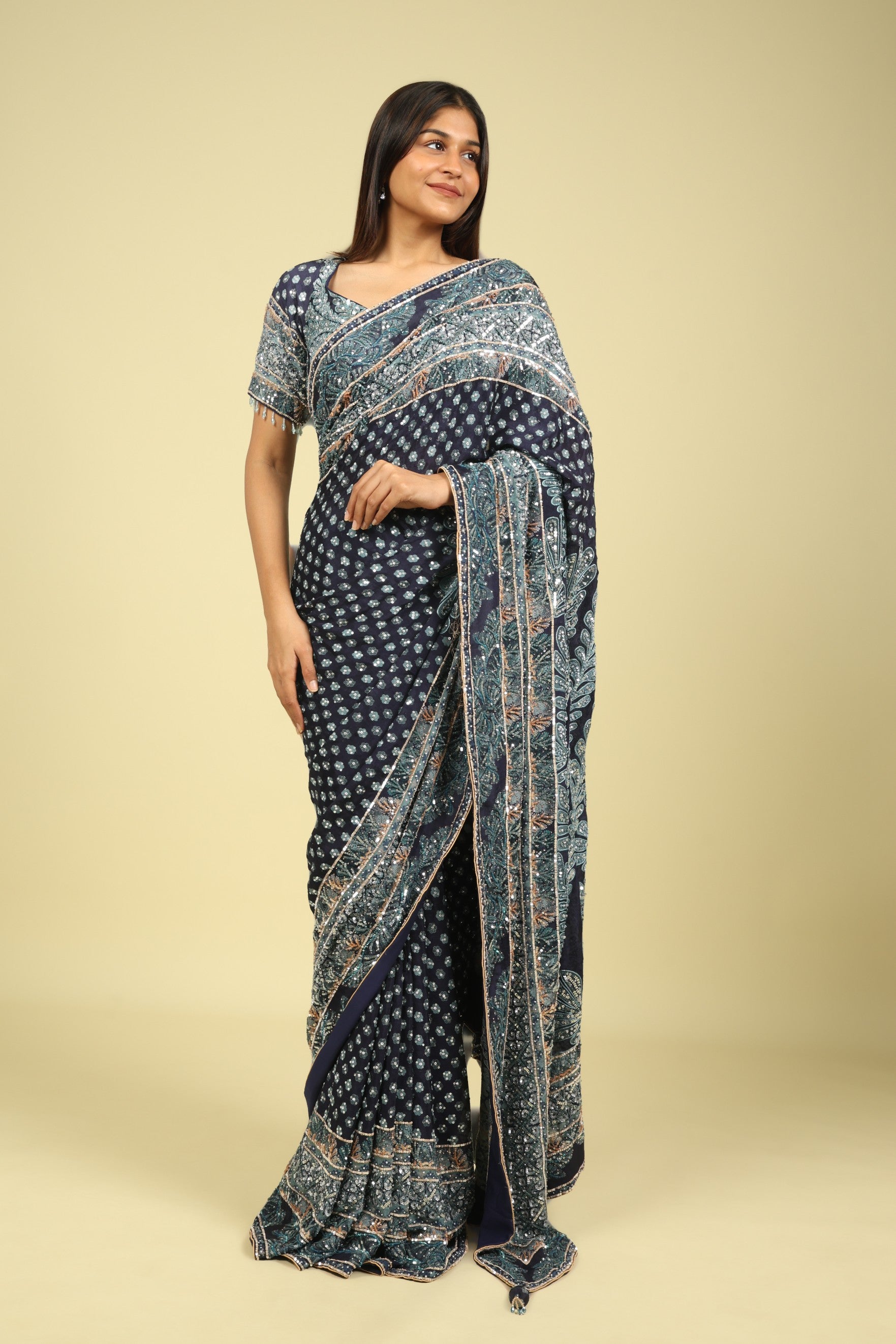Dark Blue Soft Georgette Saree with All-Over Fancy Sequin Highlights - Mokshaa