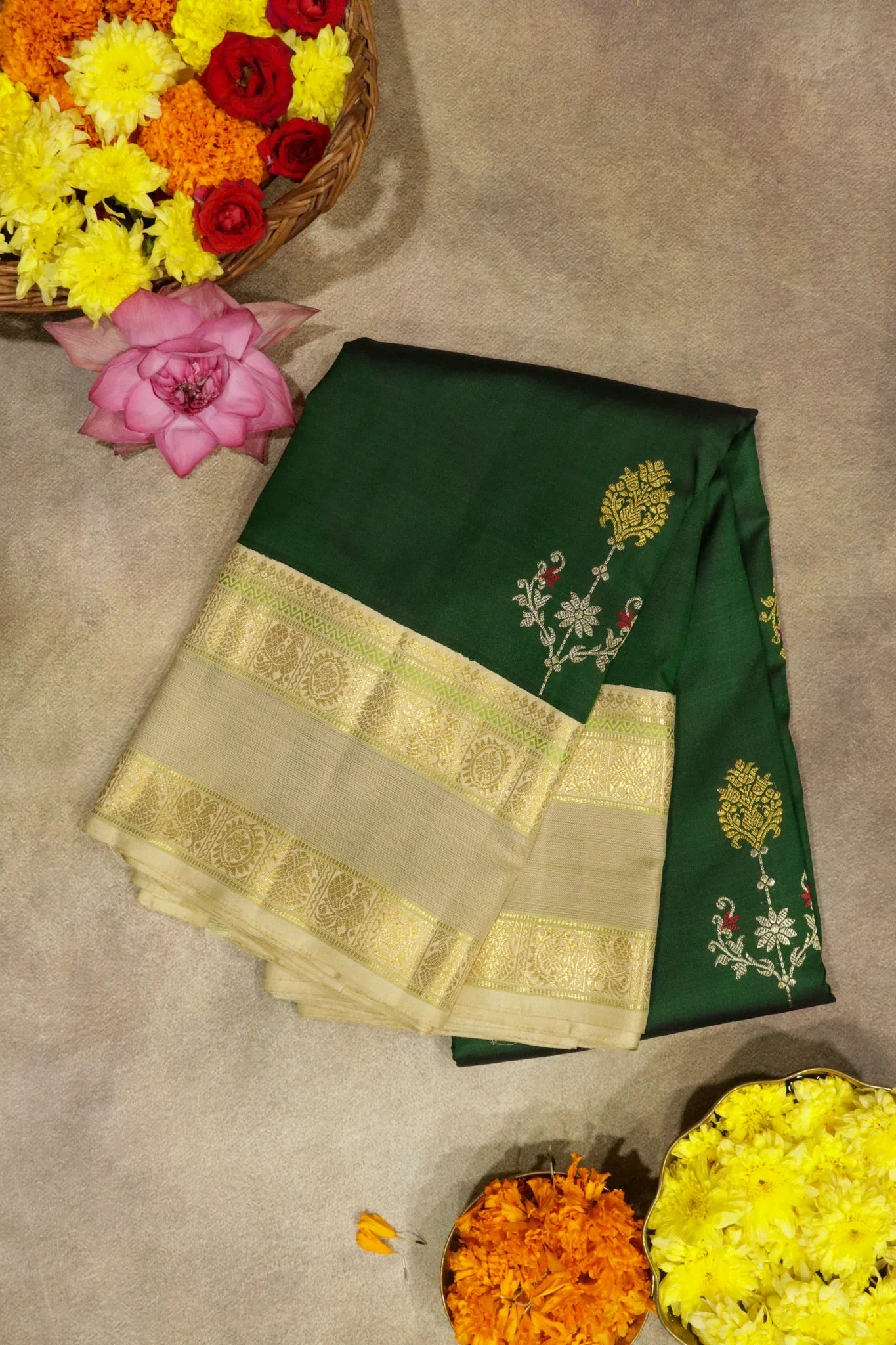 Bottle Green Kanchipuram Silk Saree with Silver & Gold Zari Thread Motifs and Contrast Border - Mokshaa