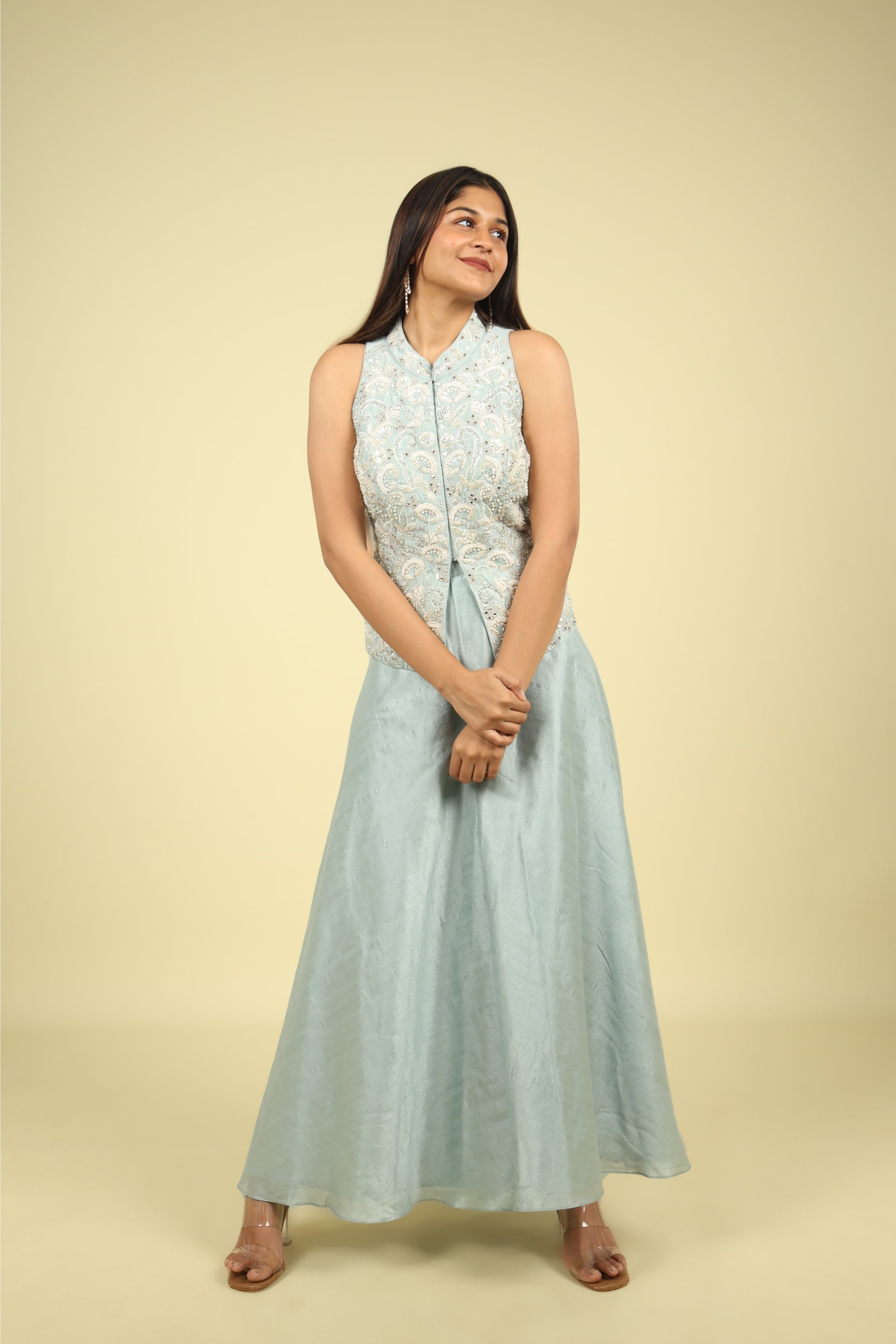 Blue Embroidered Silk Top With Palazzo - Mokshaa