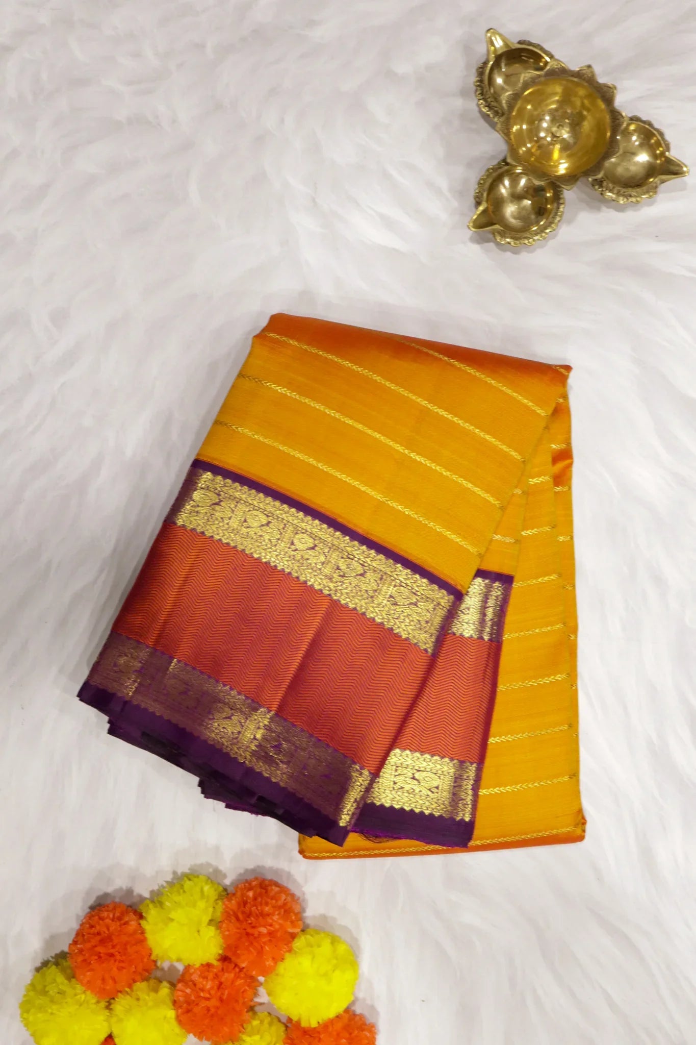 Orange Kanchipuram Silk Saree with Zari Horizontal Lines & Thread Weaving Border - Mokshaa