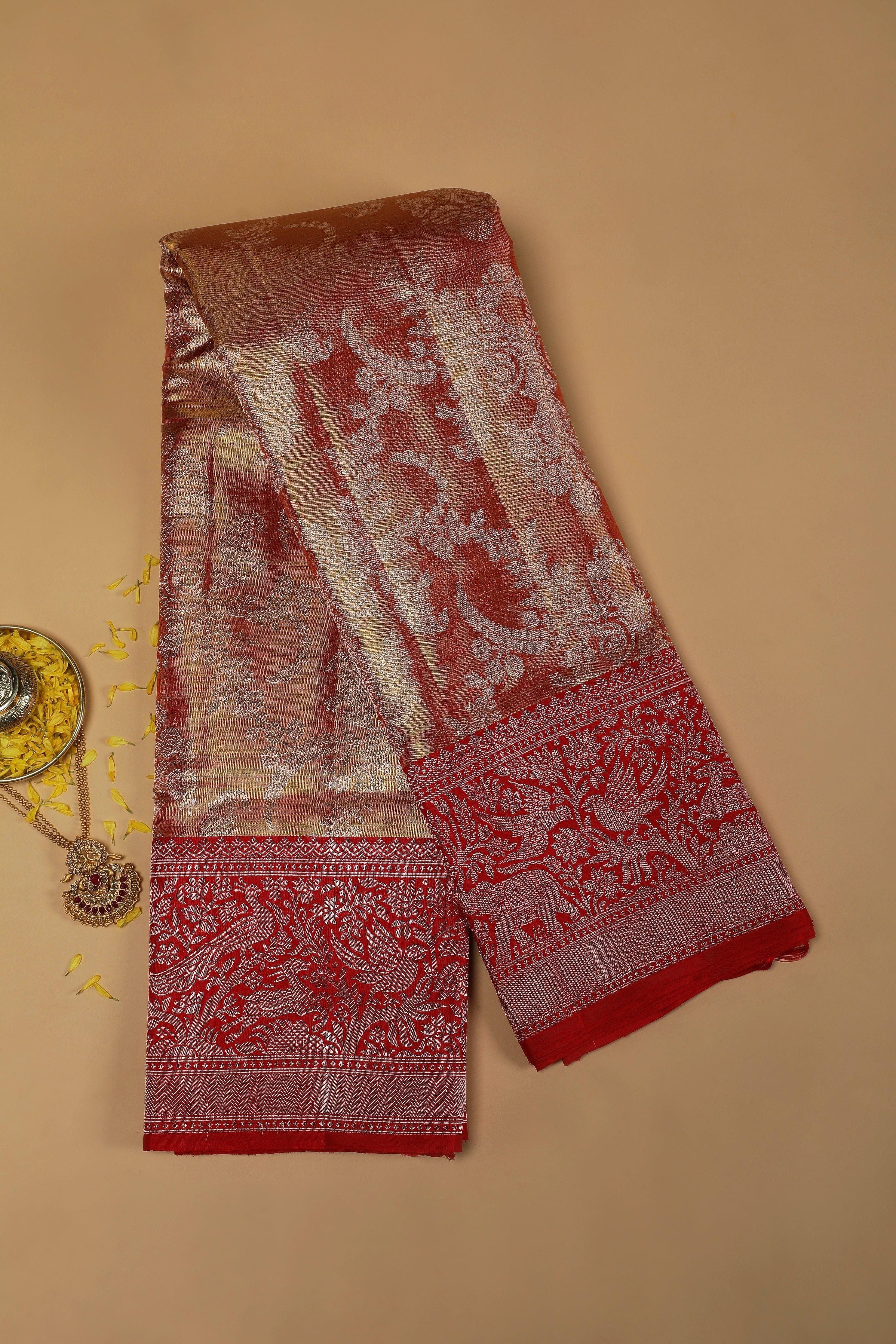 Burnt Gold Tissue Silk Saree with Zari Jaal and Red Korvai Border - Mokshaa