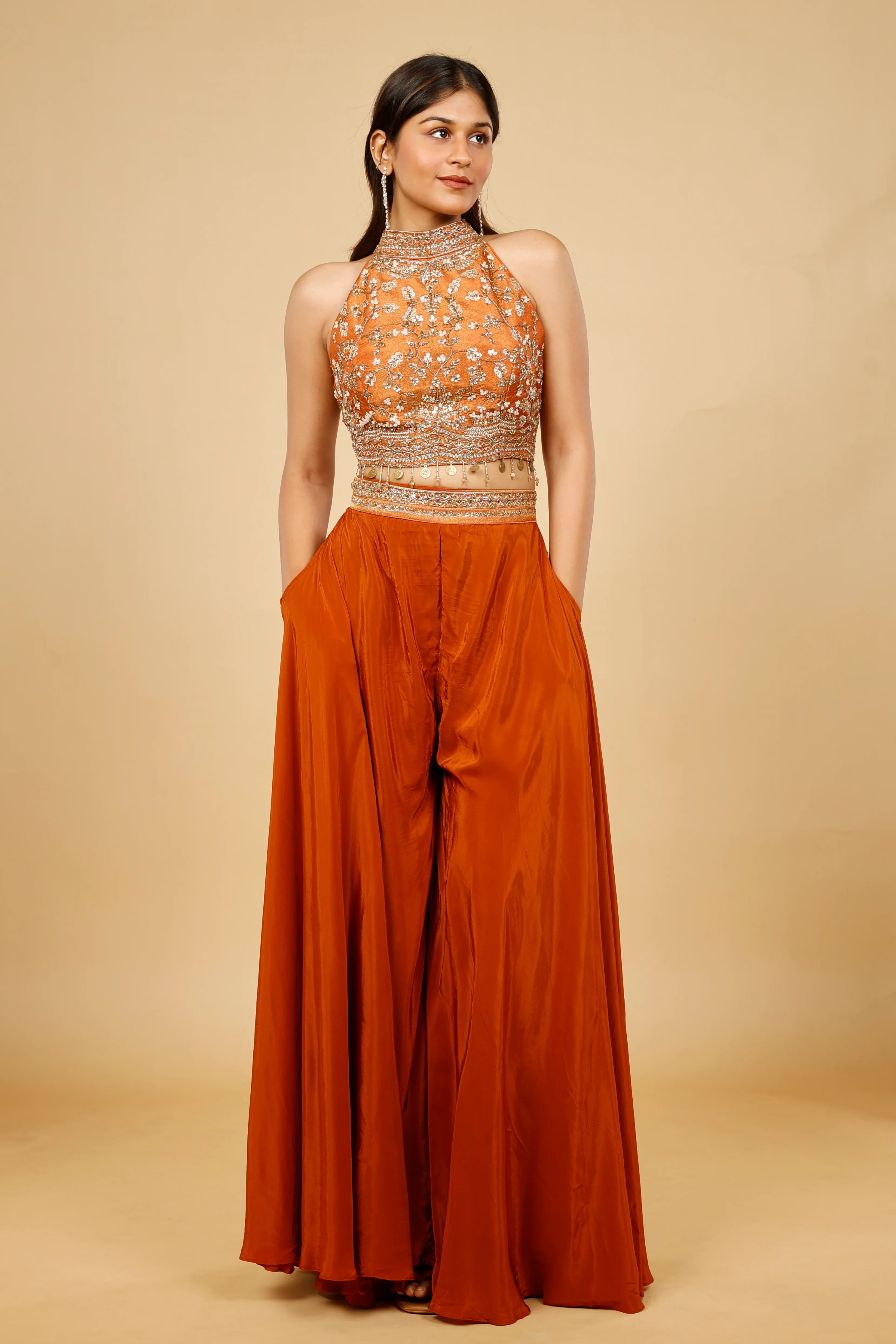 Rust Orange Crepe Silk Crop Top Palazzo Set with Sequin, Cutdana & Pearl Embroidery - Mokshaa