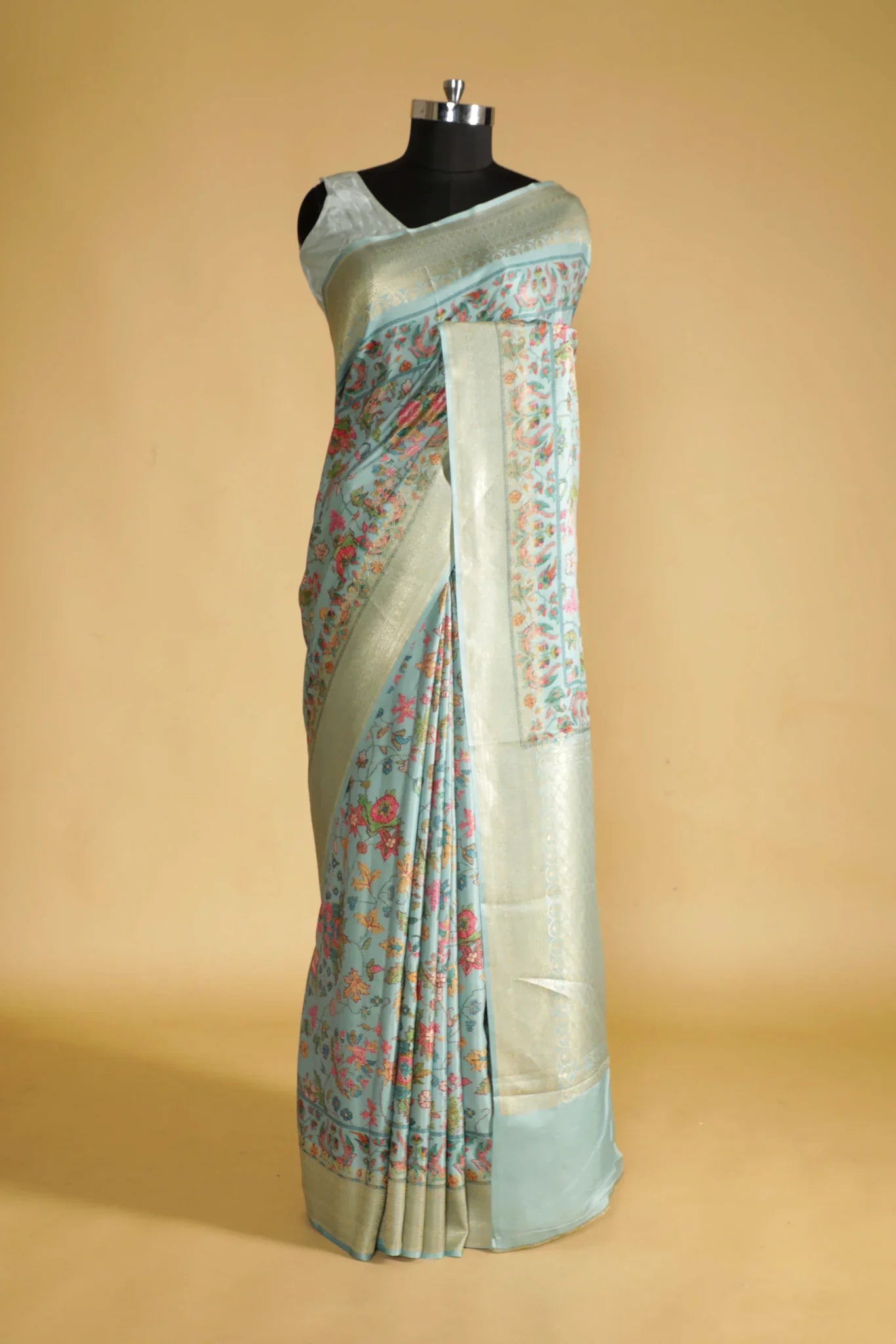 Turquoise Blue Banarasi Satin Silk Saree with All-Over Digital Print & Zari Border - Mokshaa