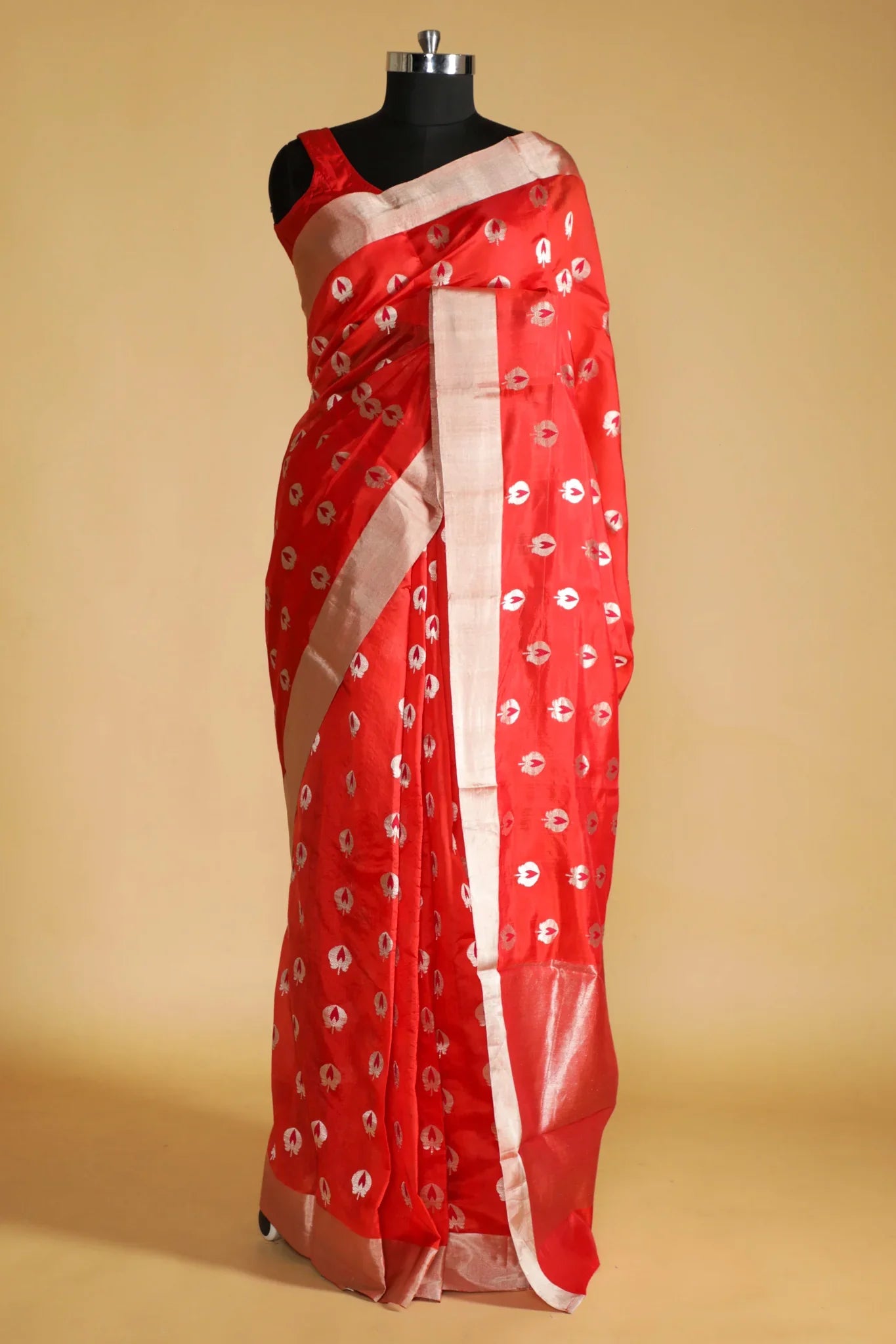 Orange Banarasi Chanderi Silk Saree with Silver & Thread Motifs - Mokshaa