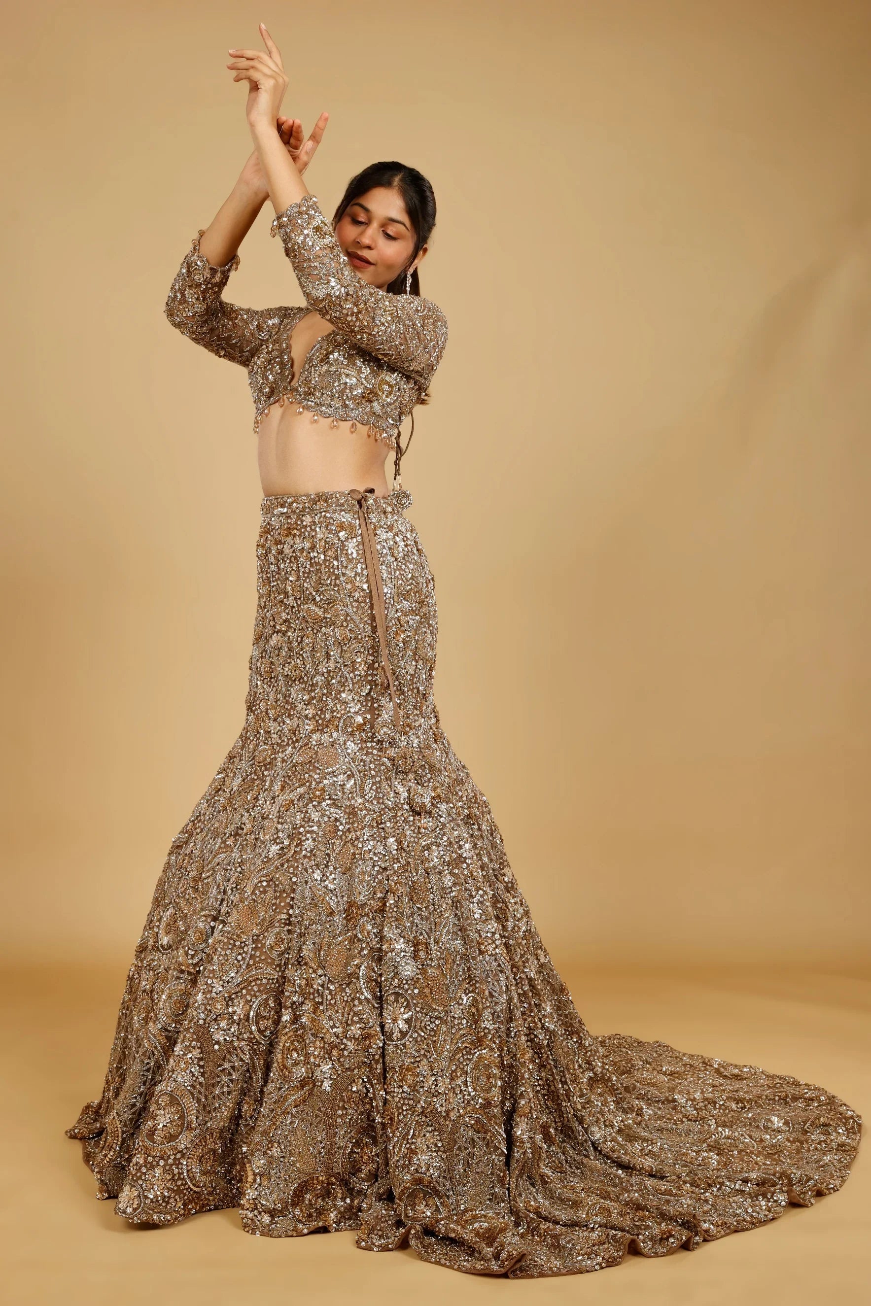 Dark Gold Net Mermaid Lehenga Set with Sequin, Stone & Kutdana Embroidery - Mokshaa