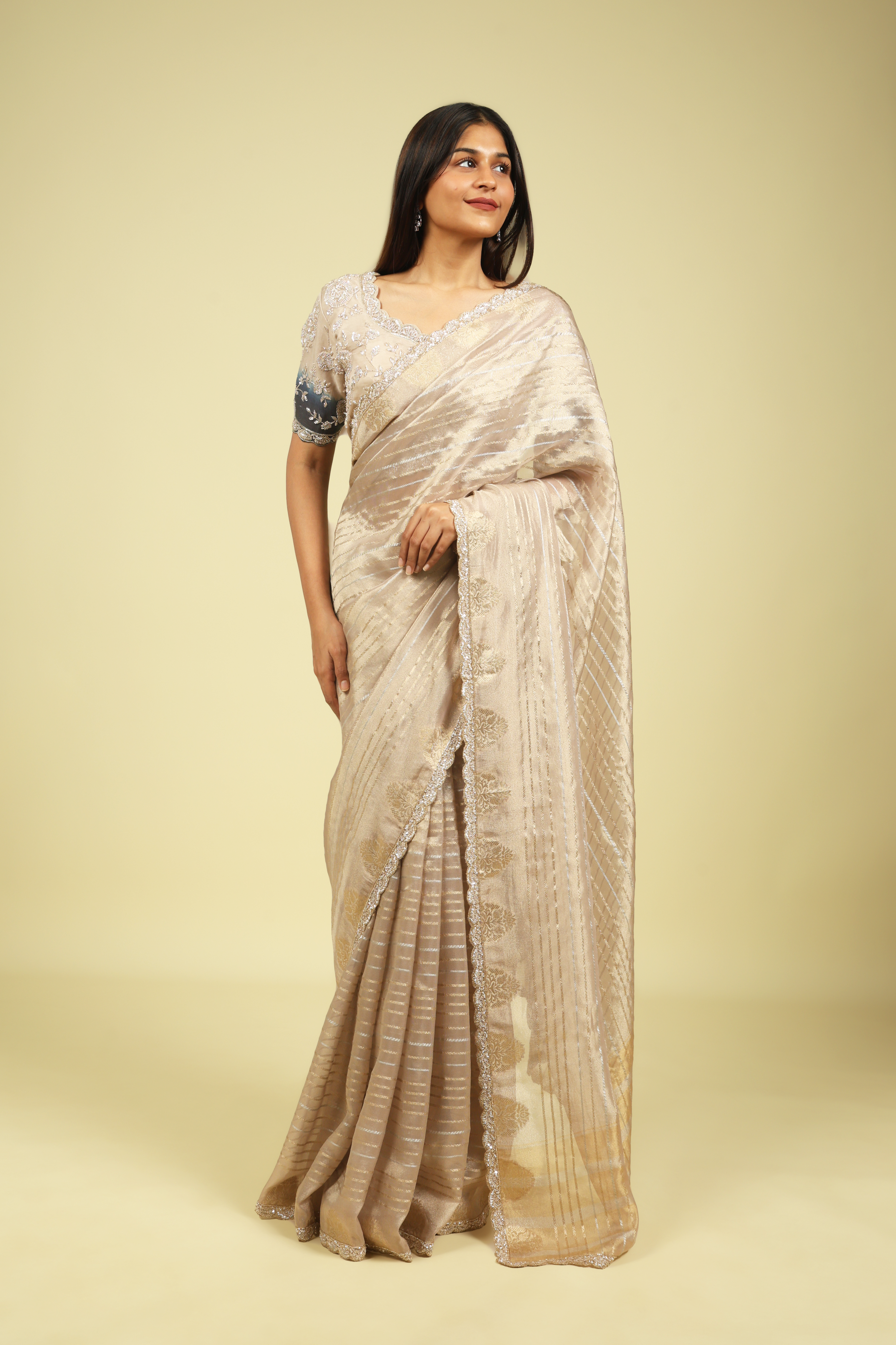 Rose Gold Tissue Saree with Gold & Silver Zari Stripes and Bead-Sequin Border - Mokshaa