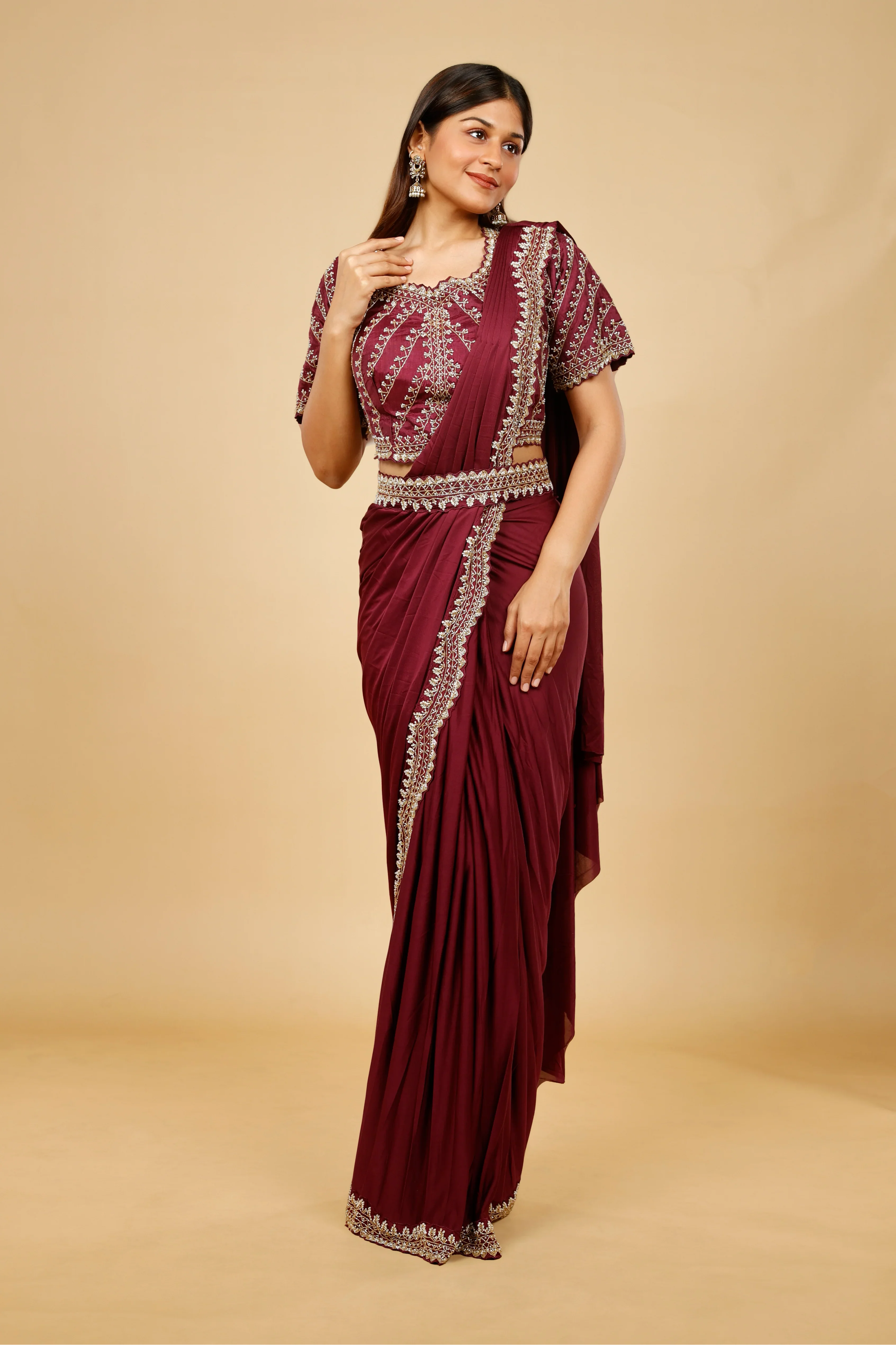Maroon Satin Lycra Drape Saree with Pearl & Cutdana Embroidery - Mokshaa