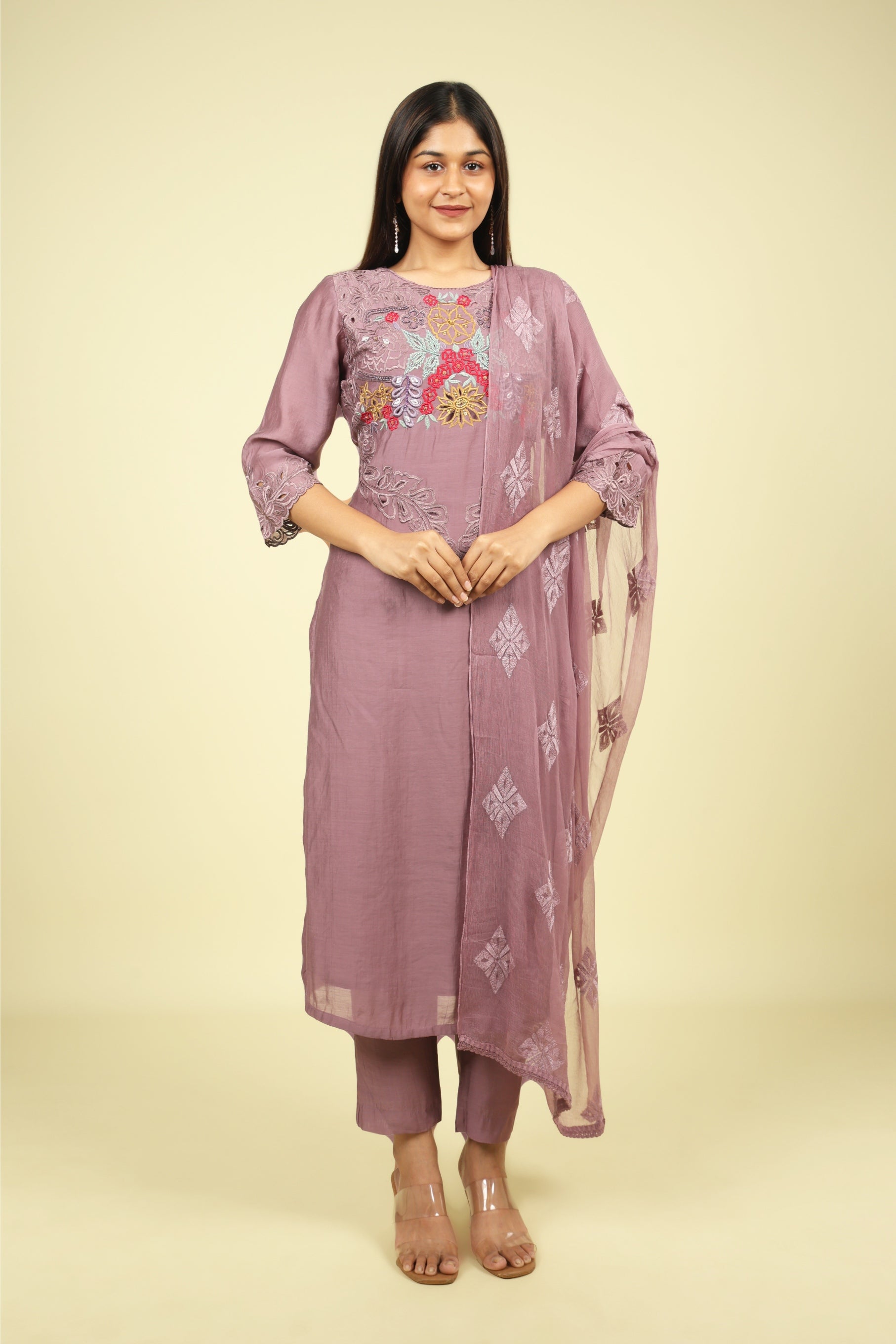 Dark Lavender Mul Chanderi Embroidered Straight Cut Salwar Suit - Mokshaa