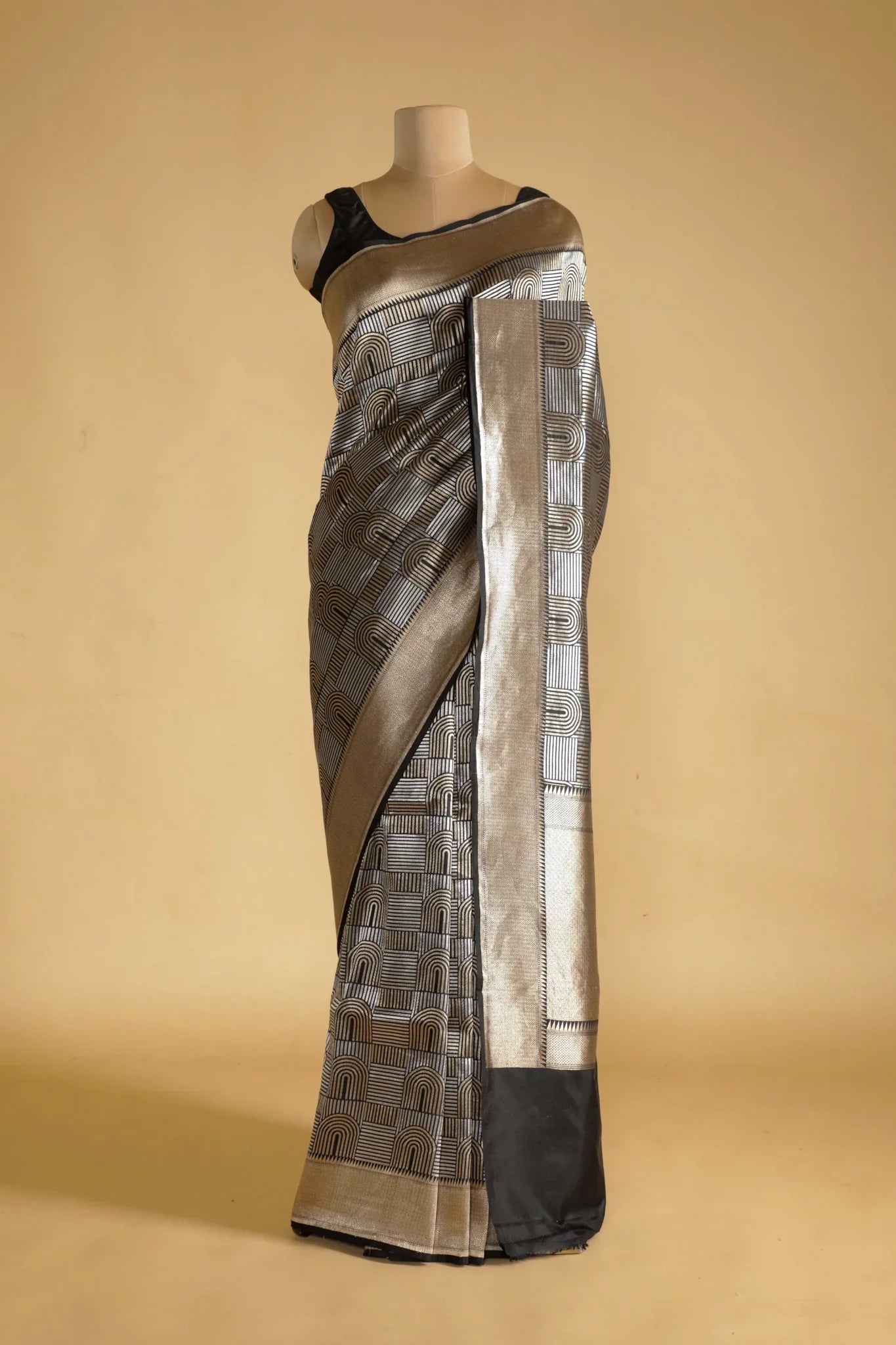 Black Banarasi Silk Saree with Gold & Silver Zari Box Weaving - Mokshaa