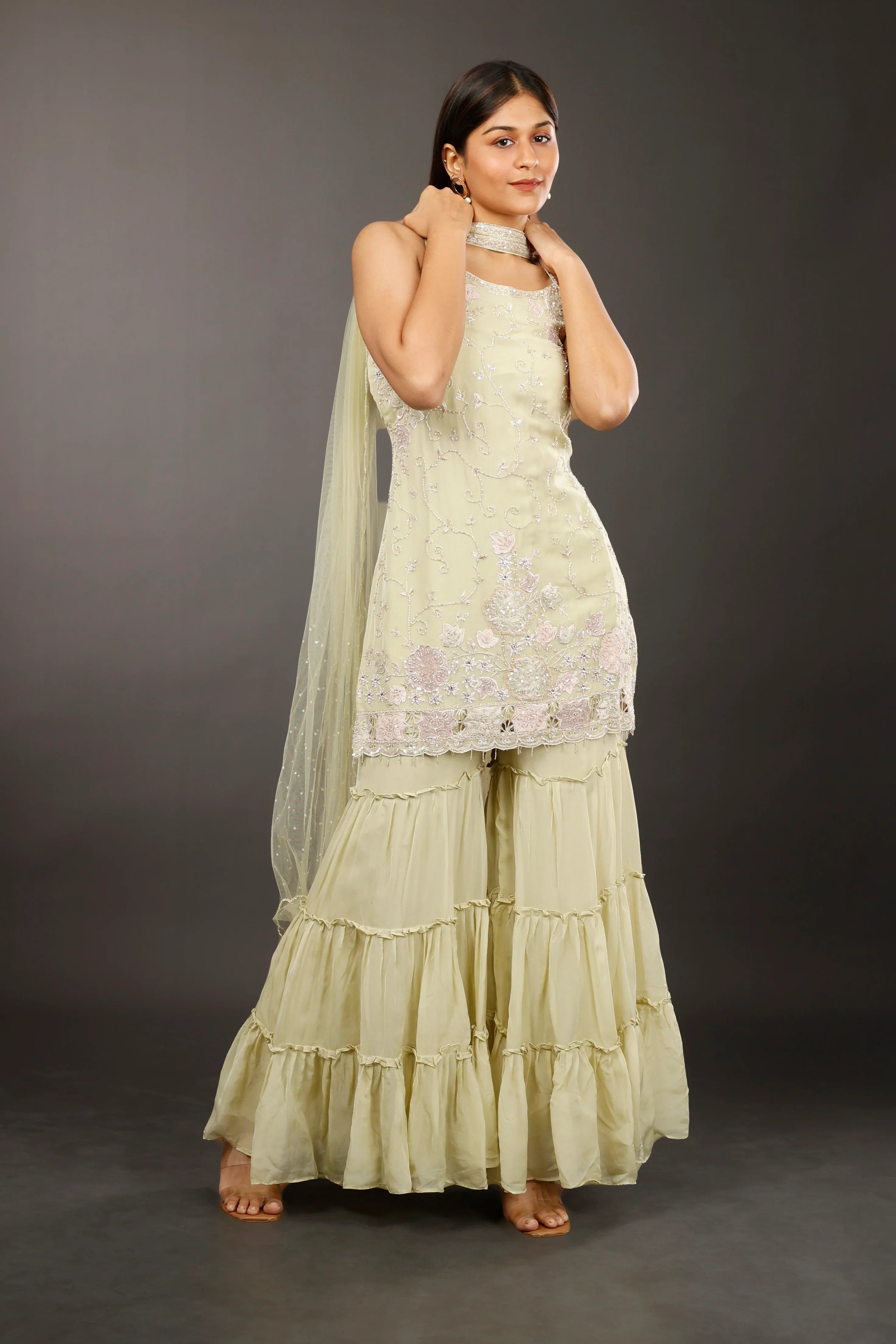 Light Green Georgette Sharara Set with Shadow, Zari, Pearl, Cutdana & Sequin Embroidery - Mokshaa
