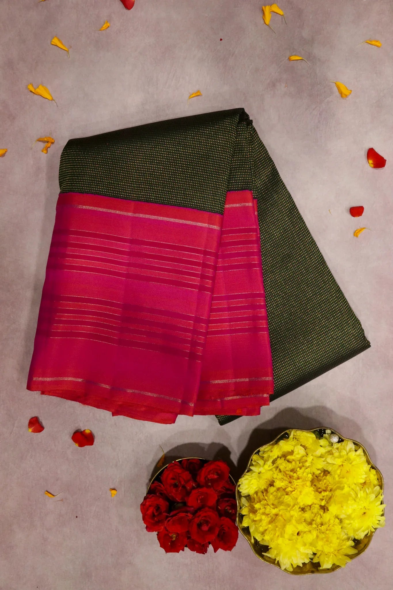 Bottle Green Kanchipuram Silk Saree with Self Zari Chattai Weaving and Contrast Pink Border - Mokshaa
