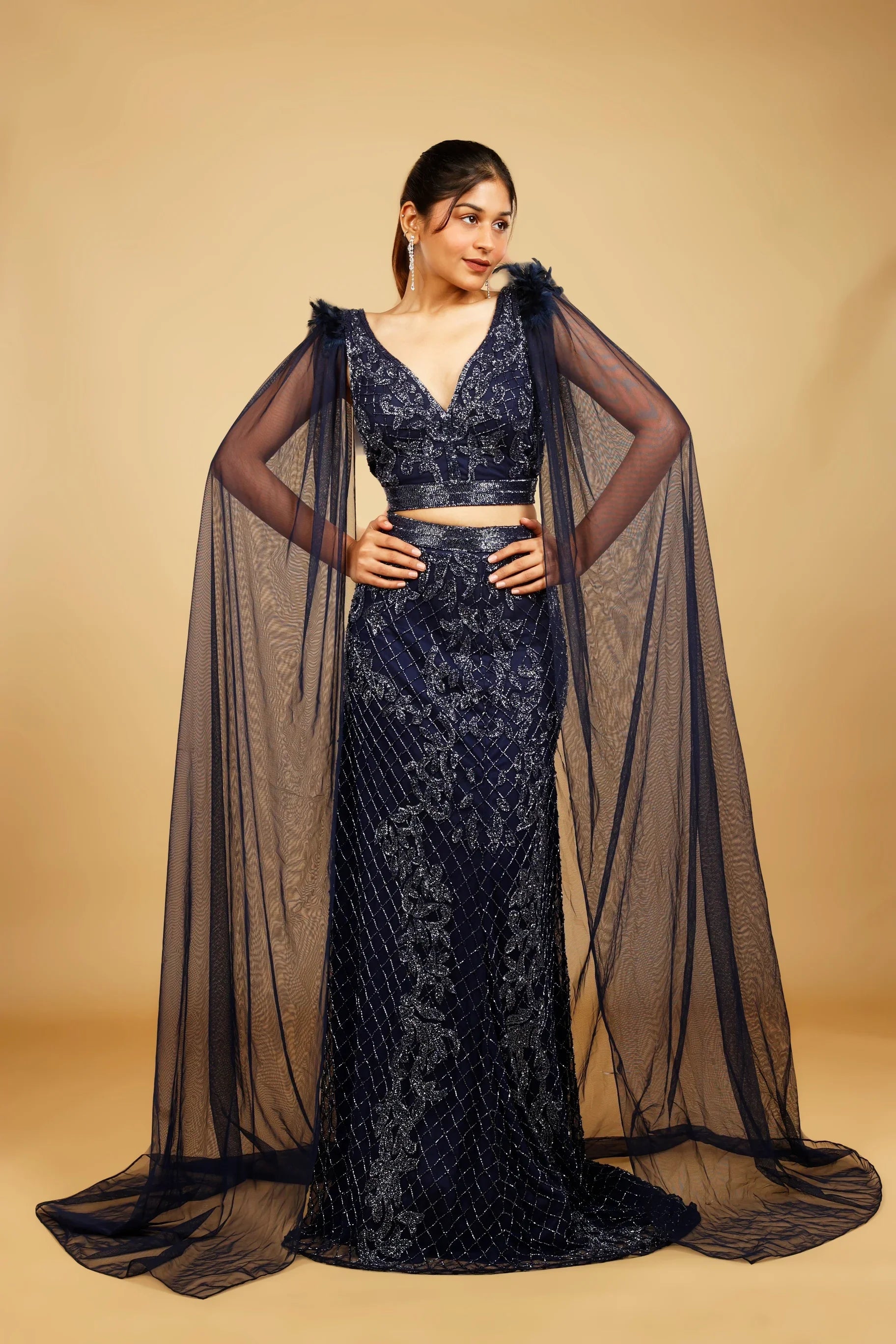 Navy Blue Net Mermaid Skirt Set with Cutdana Embroidery - Mokshaa