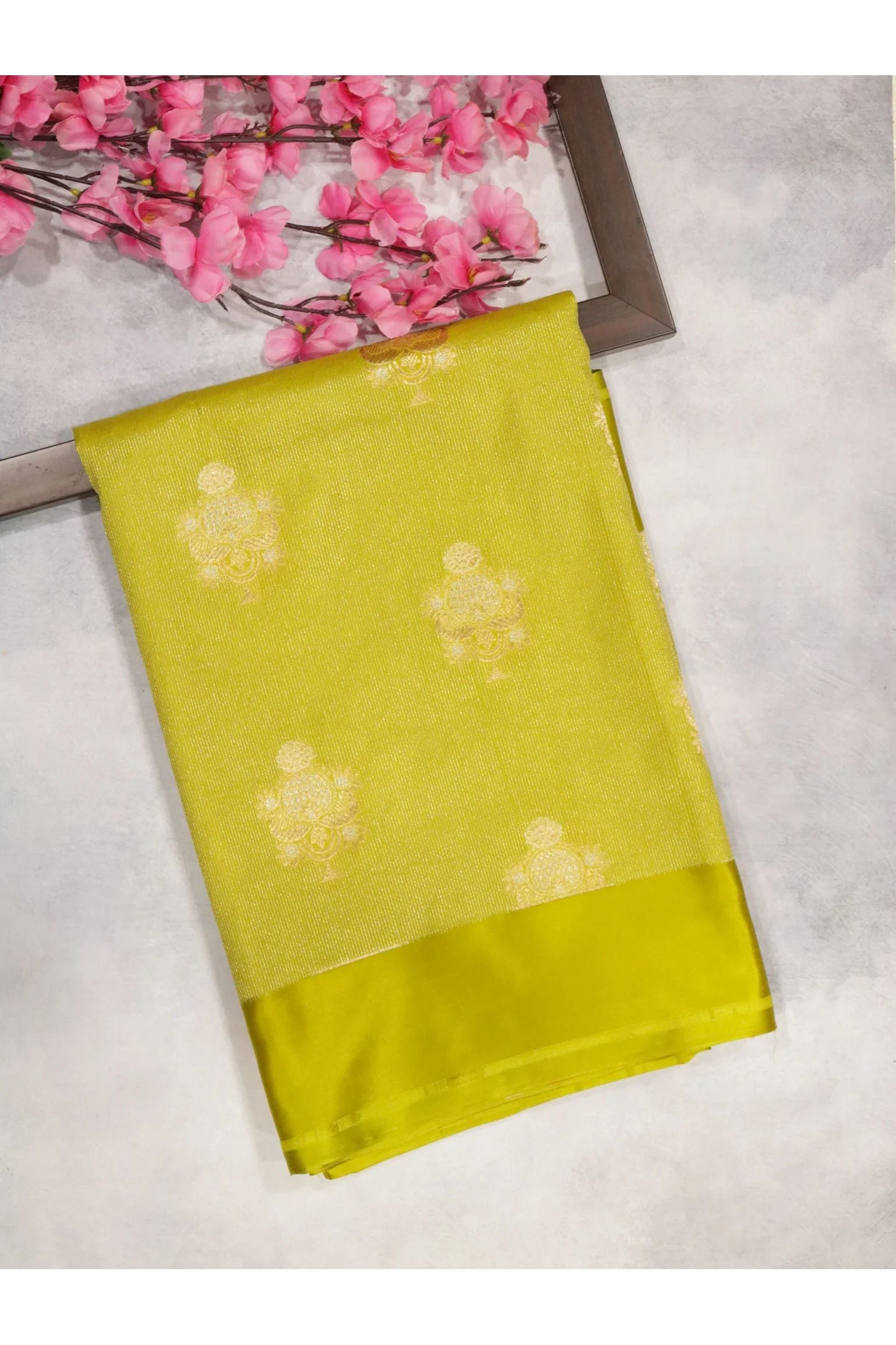 Parrot Green Banarasi Mushroom Silk Saree with Silver Zari Weaving & Gold Zari Butta - Mokshaa