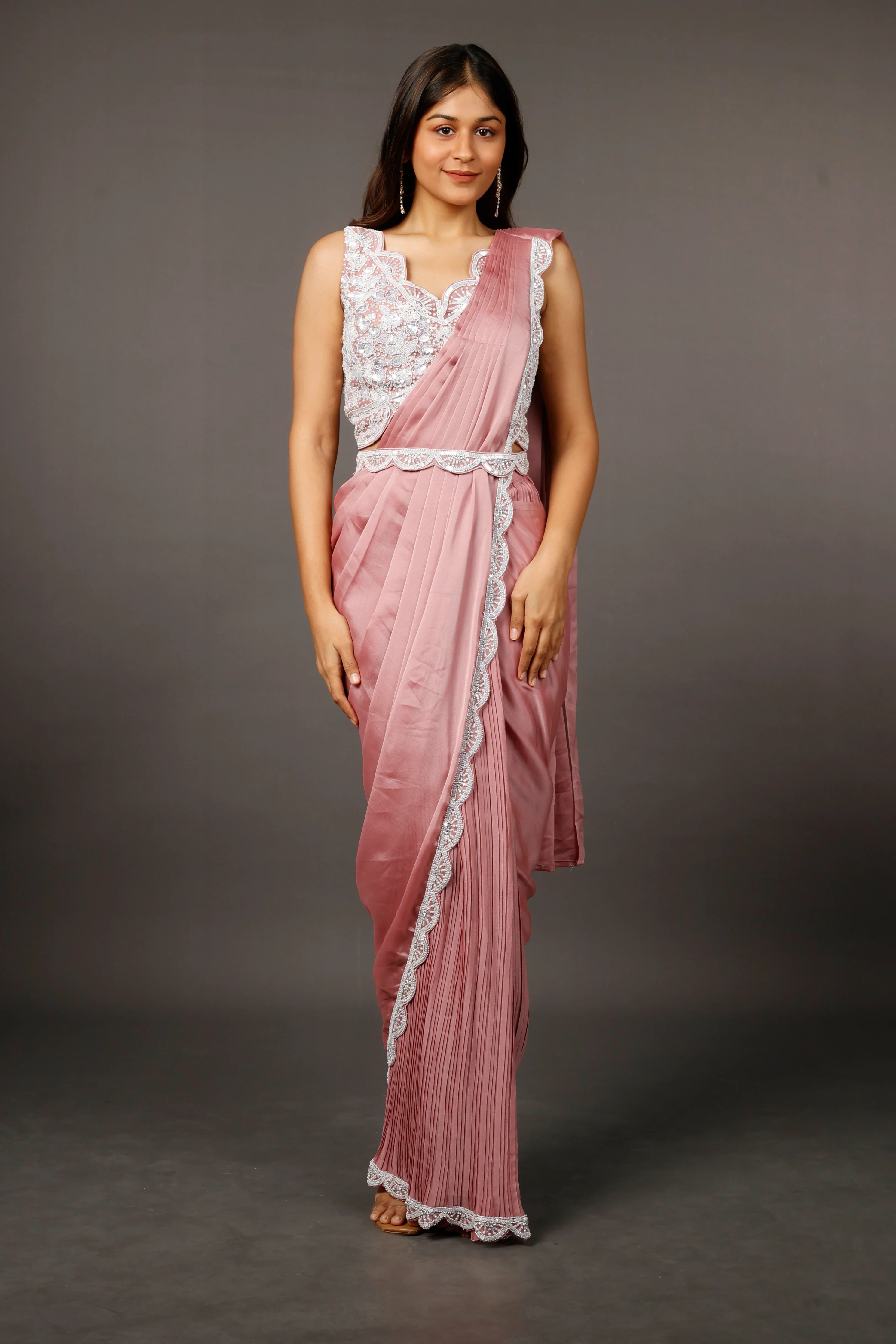 Coral Chinon Silk Drape Saree with Sequin, Pearl & Cutdana Embroidery - Mokshaa