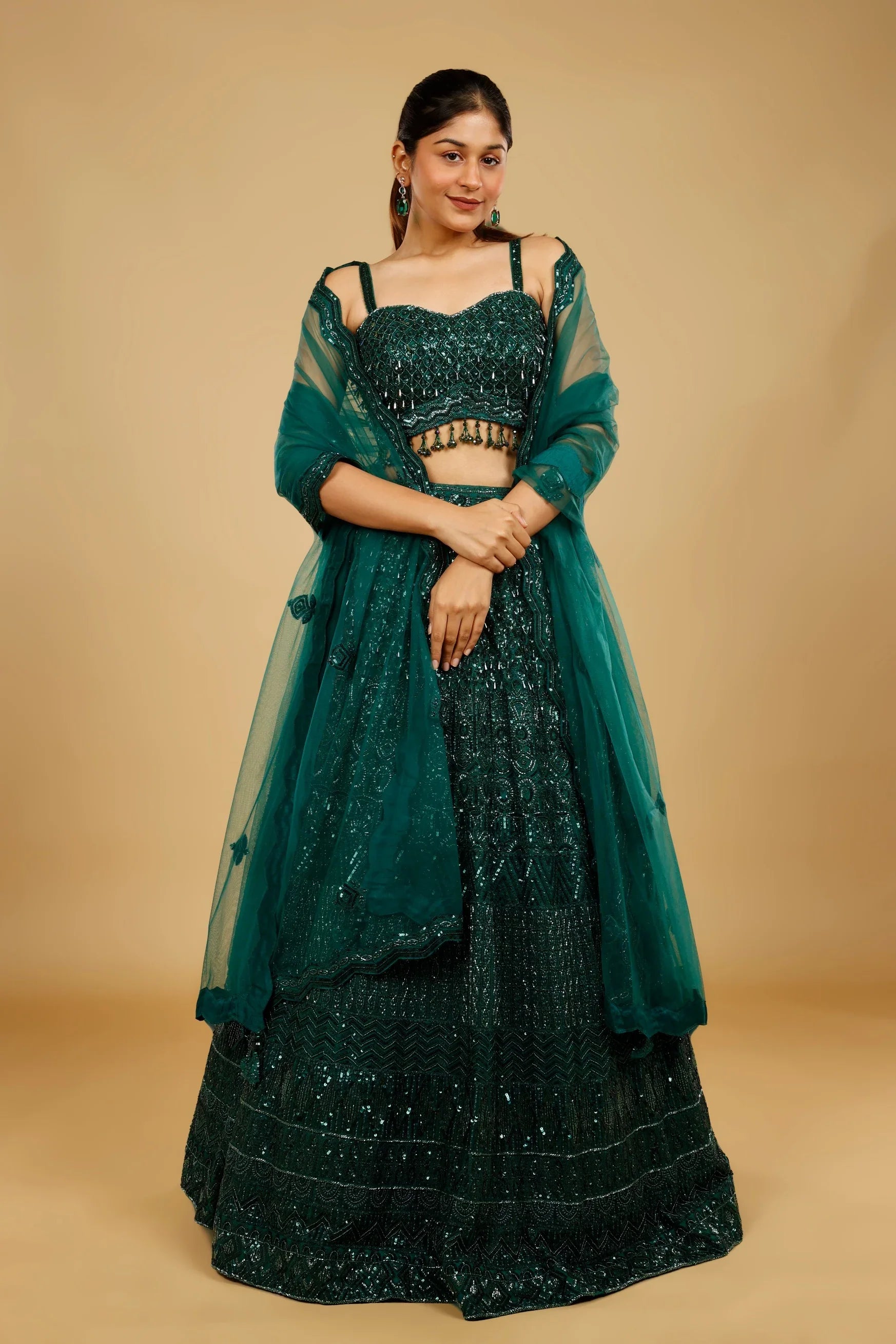Bottle Green Net Lehenga Set with Sequin, Cutdana & Pearl Embroidery - Mokshaa