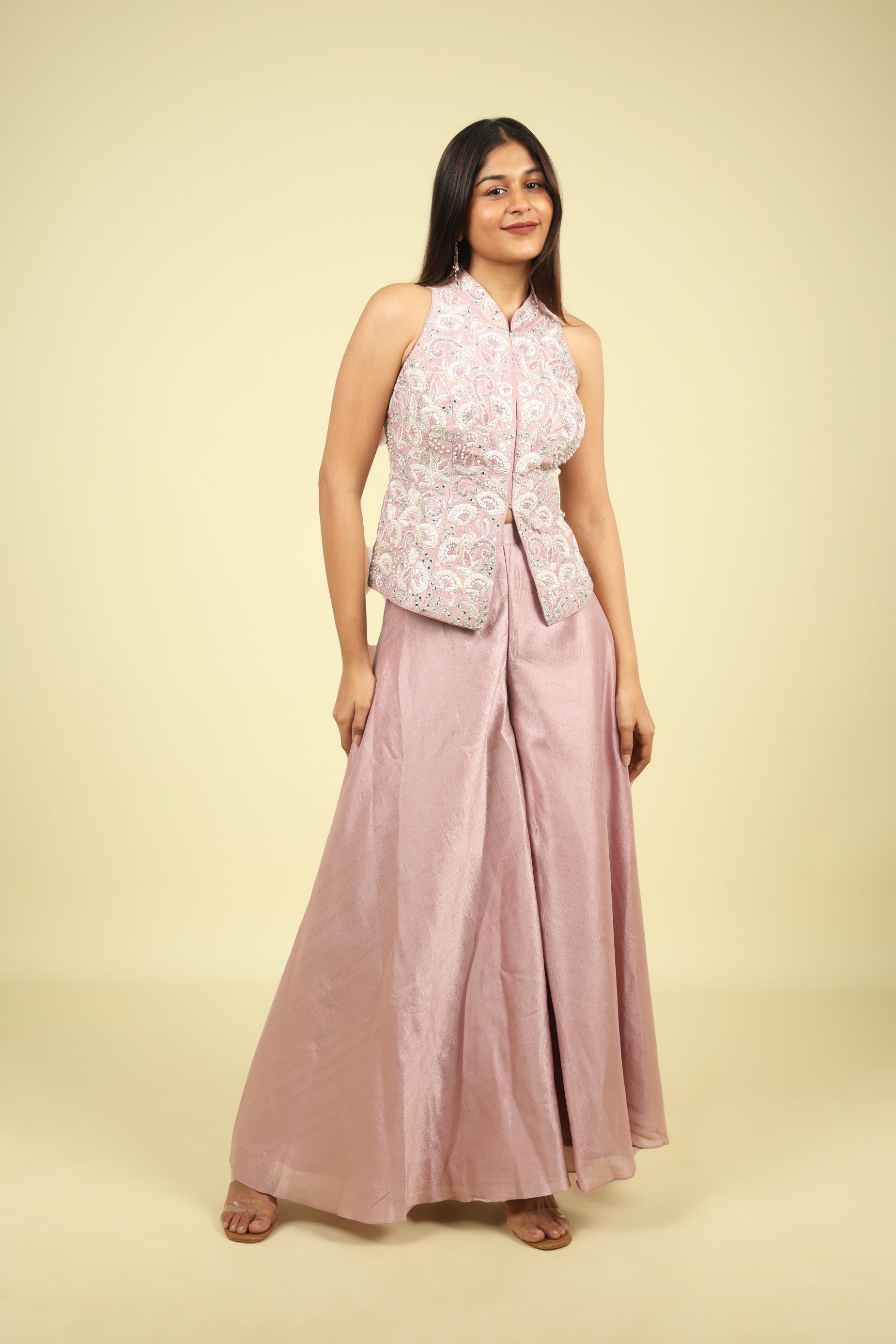 Pink Embroidered Silk Top With Palazzo - Mokshaa