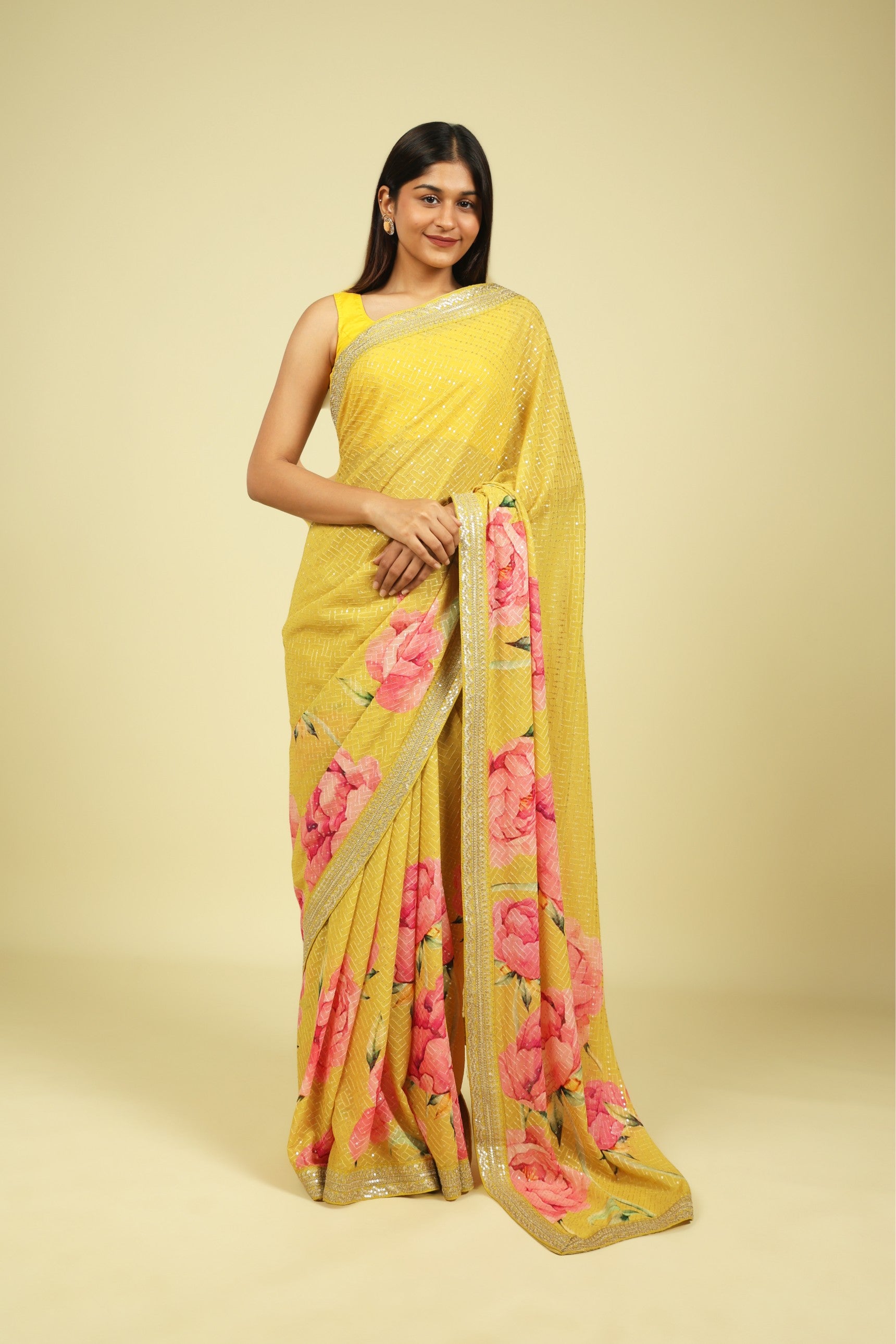 Lime Yellow Georgette Saree with Thread & Sequin Work and Digital Print Border - Mokshaa