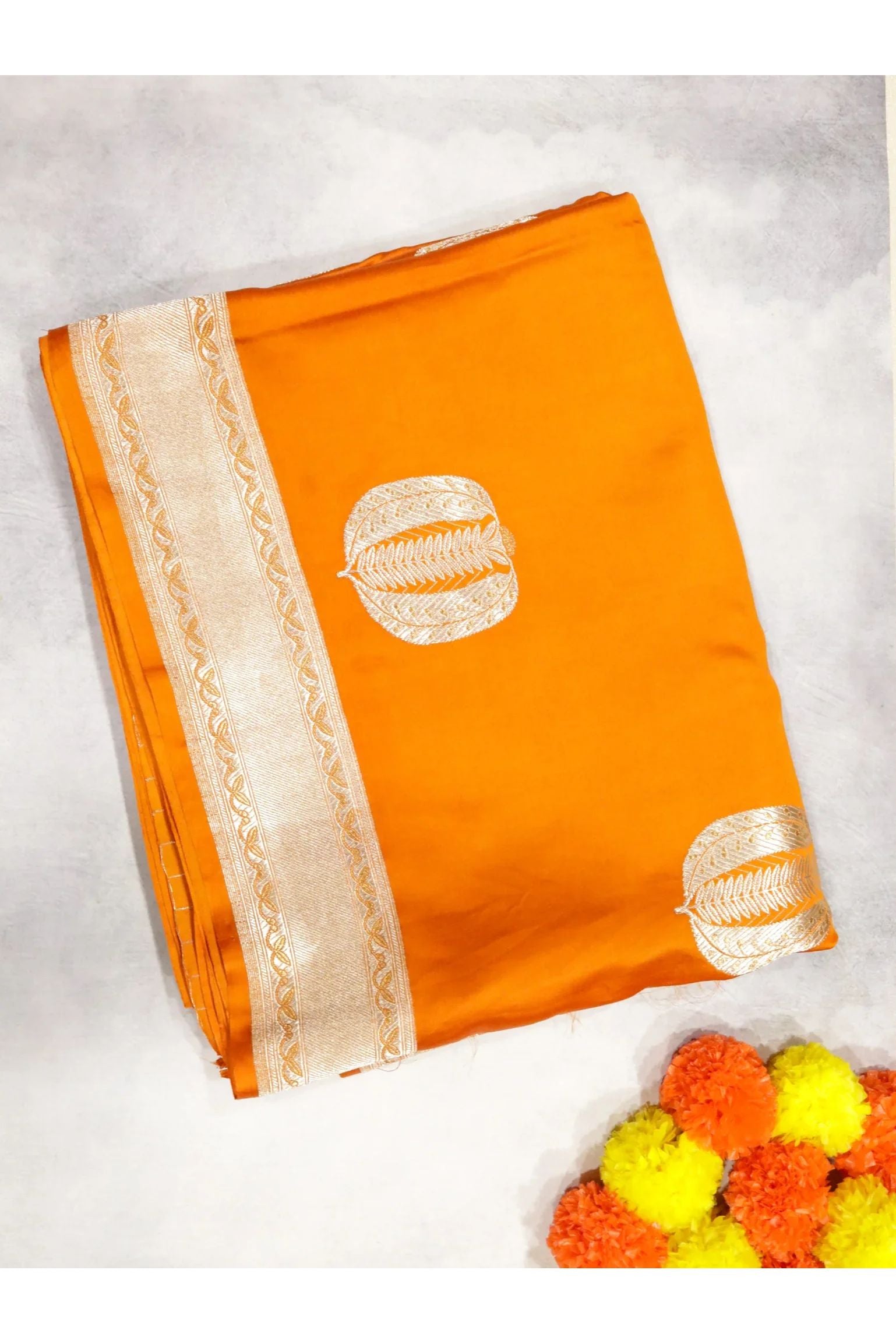 Orange Banarasi Mushroom Silk Saree with Silver Zari Motifs & Silver Zari Border - Mokshaa