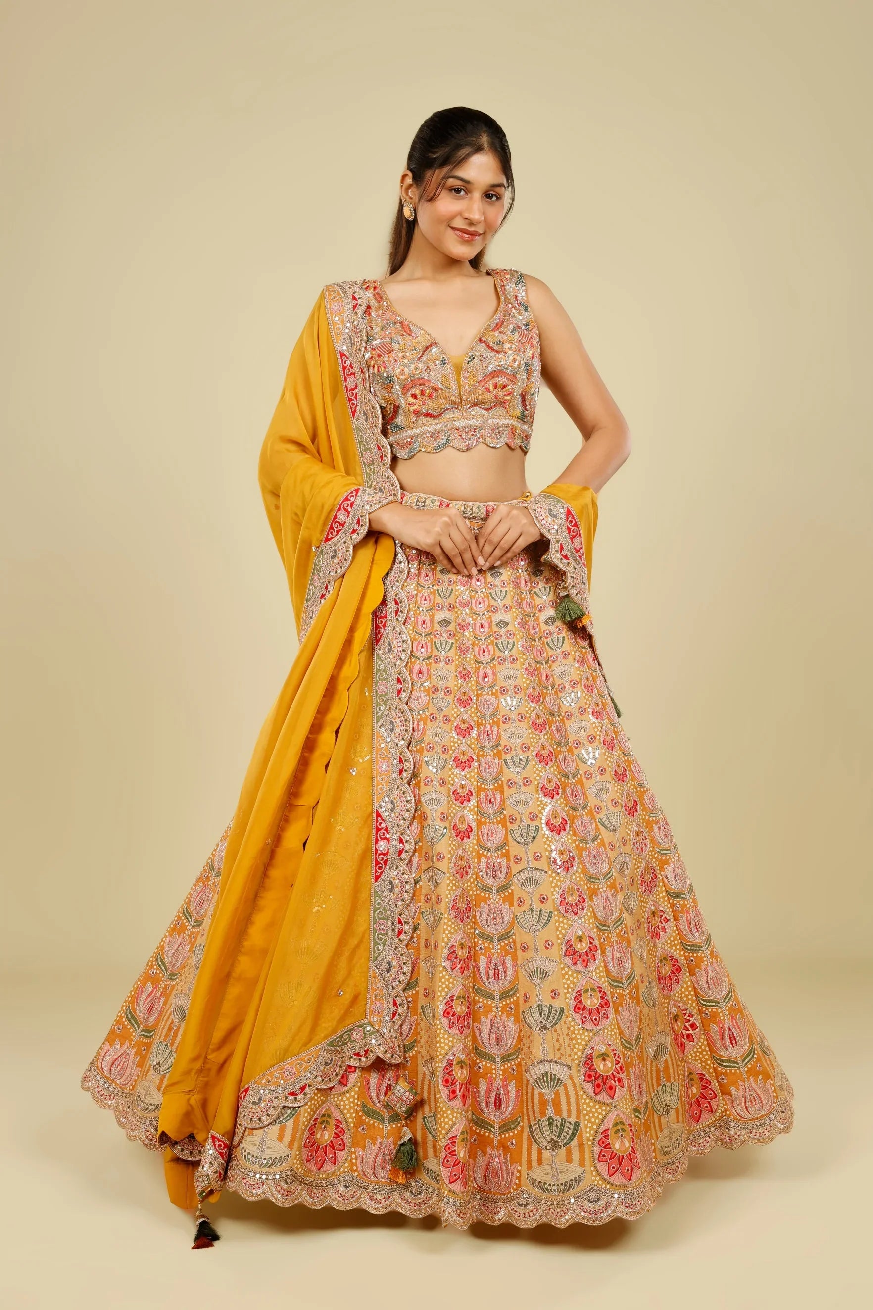 Yellow Printed Silk Lehenga Set with Zari & Sequin Embroidery - Mokshaa