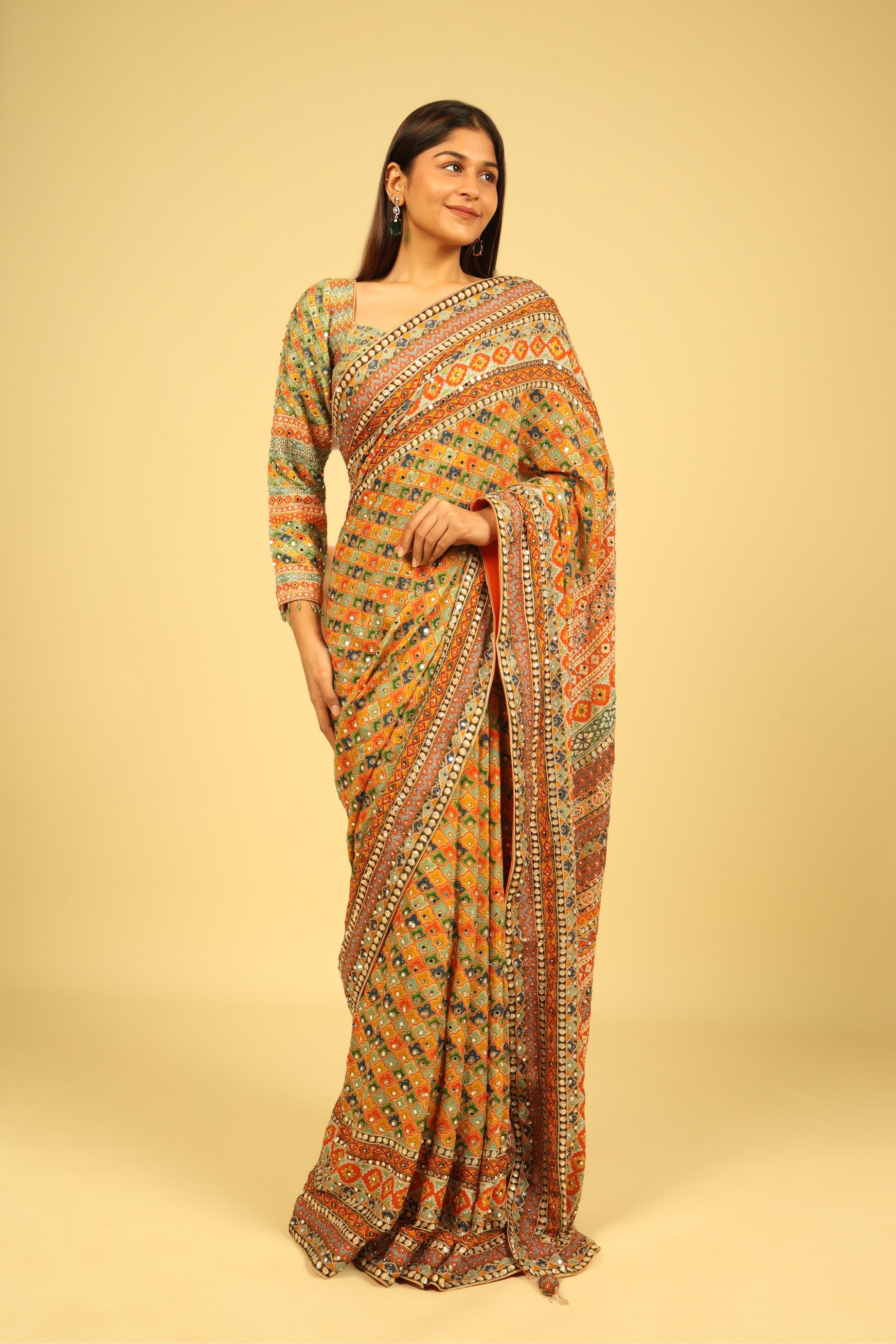 Multicolour Soft Georgette Saree with Digital Print, Sequin & Mirror Highlights - Mokshaa